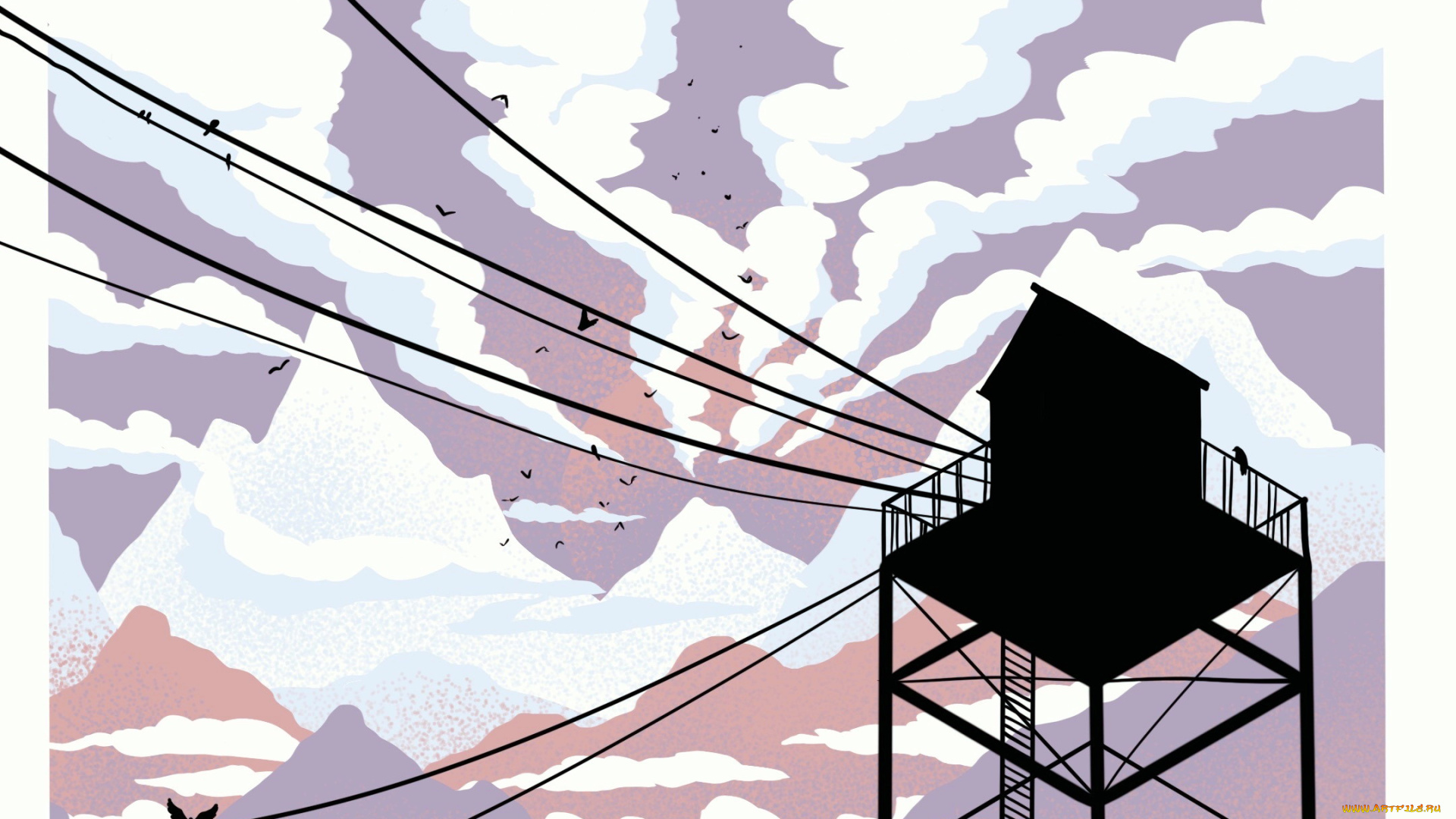 векторная, графика, другое, , other, небо, облака, горы, птицы, провода, станция
