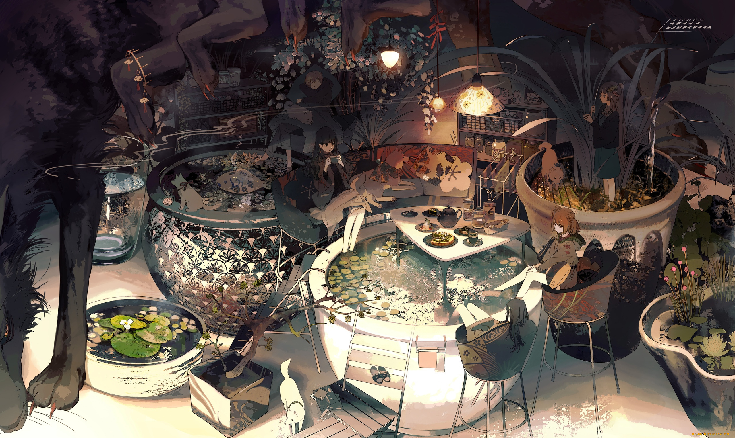 аниме, животные, , существа, девочки, бассейны, собаки