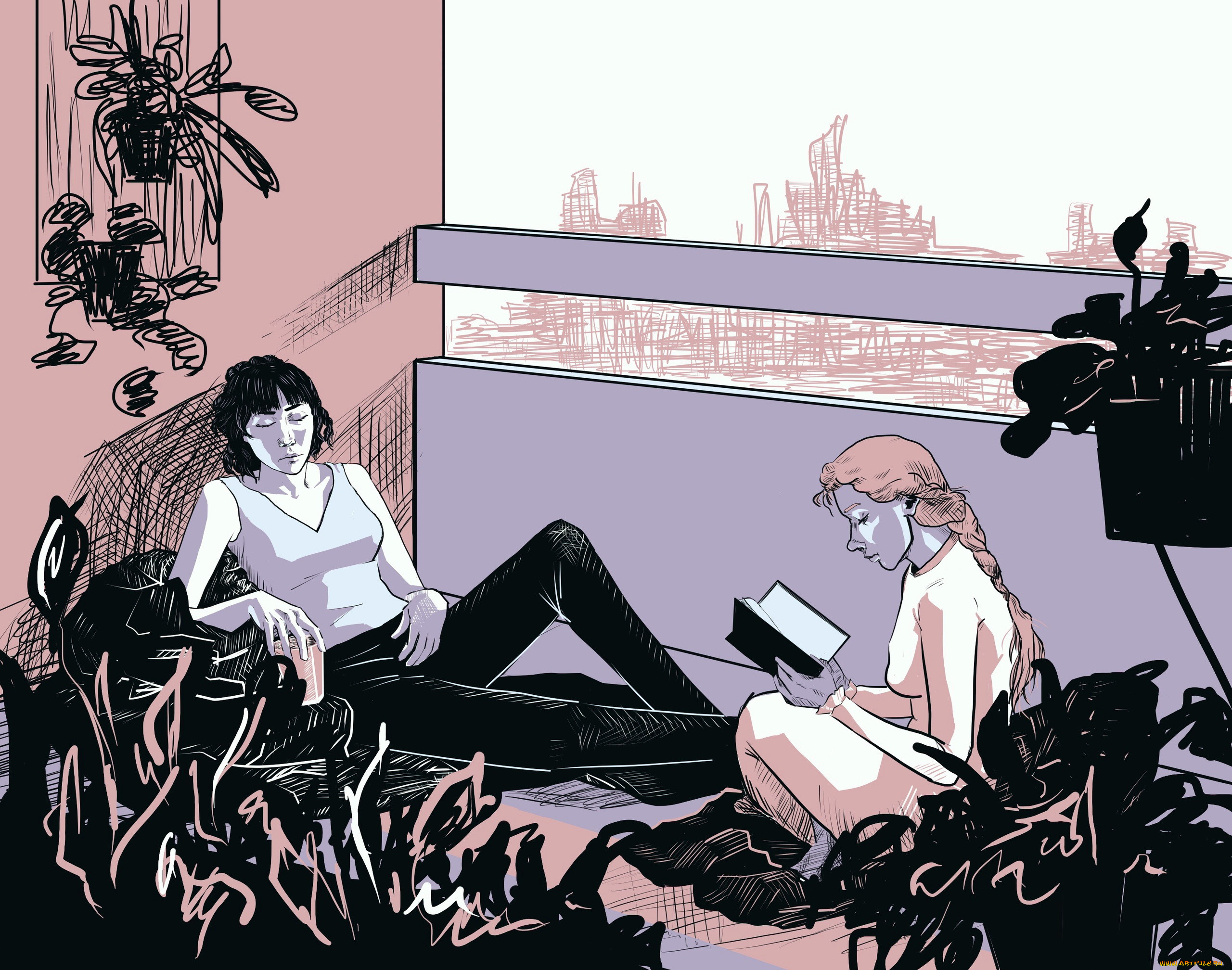 рисованное, люди, девушки, книга, растения