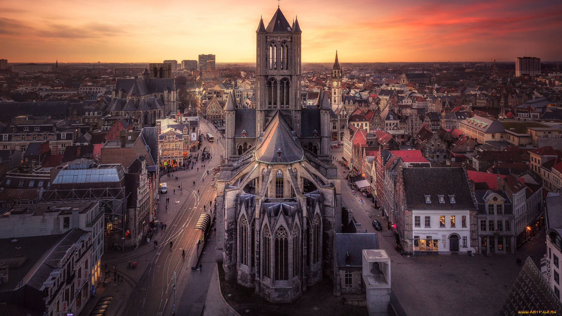 города, -, католические, соборы, , костелы, , аббатства, cобор, cвятого, бавона, гент, собор, синт, бааф, вечер, закат, городской, вид, панорама, гента, бельгия