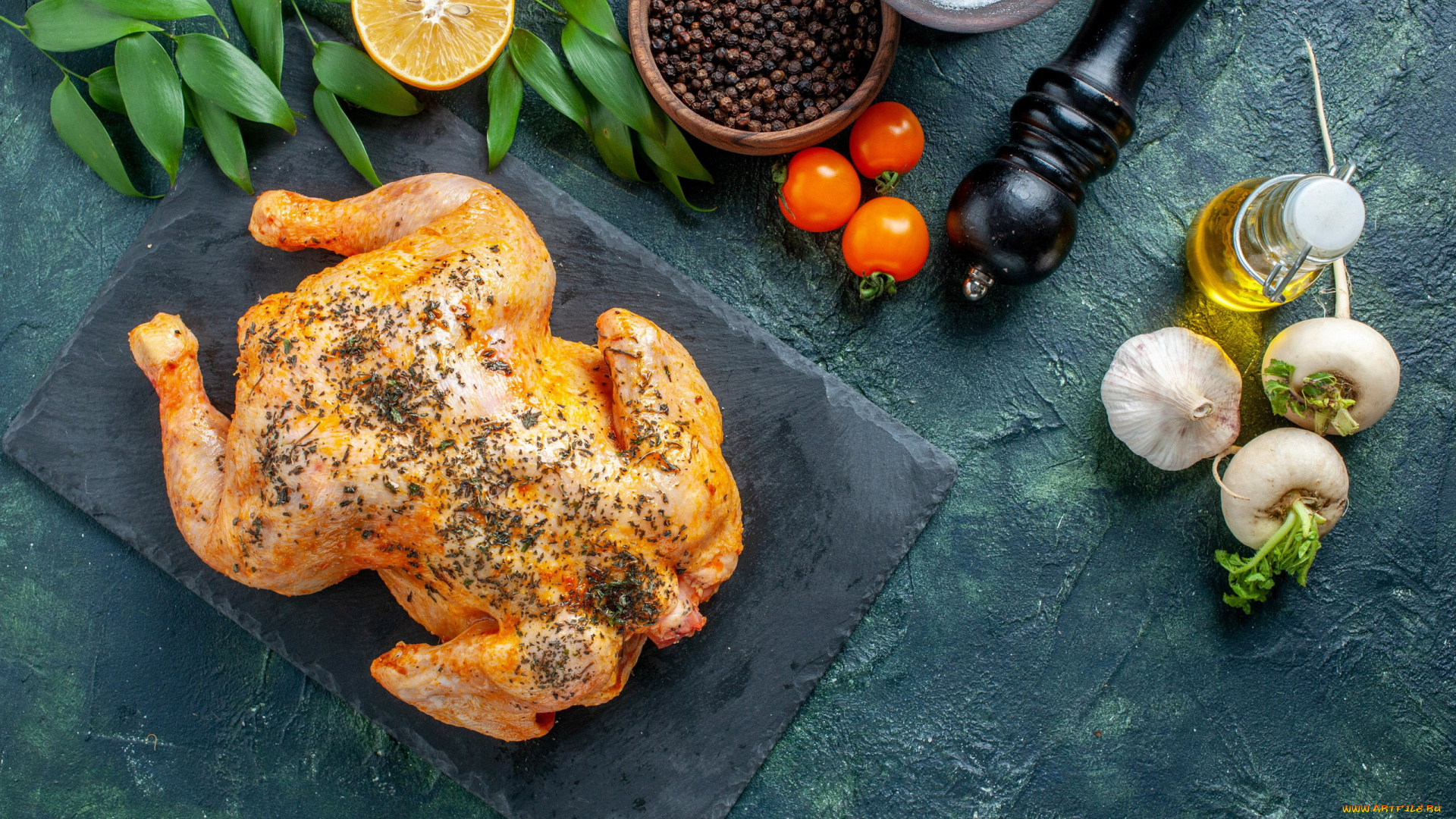 еда, мясные, блюда, соль, перец, курица, чеснок, масло, помидор