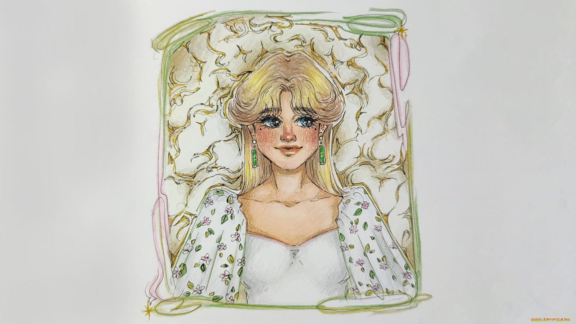рисованное, люди, девушка, в, платье, зеленые, сережки