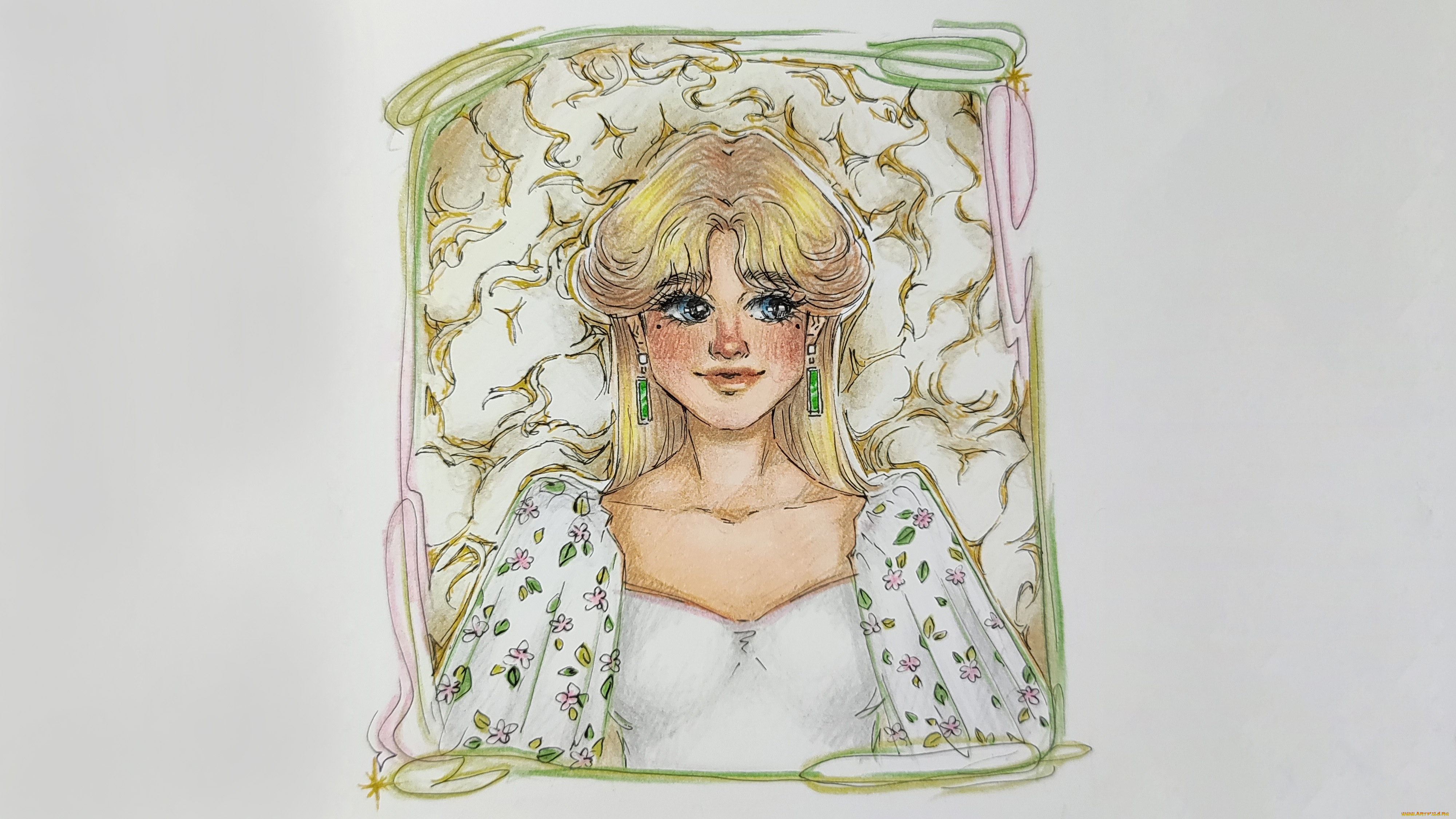 рисованное, люди, девушка, в, платье, зеленые, сережки