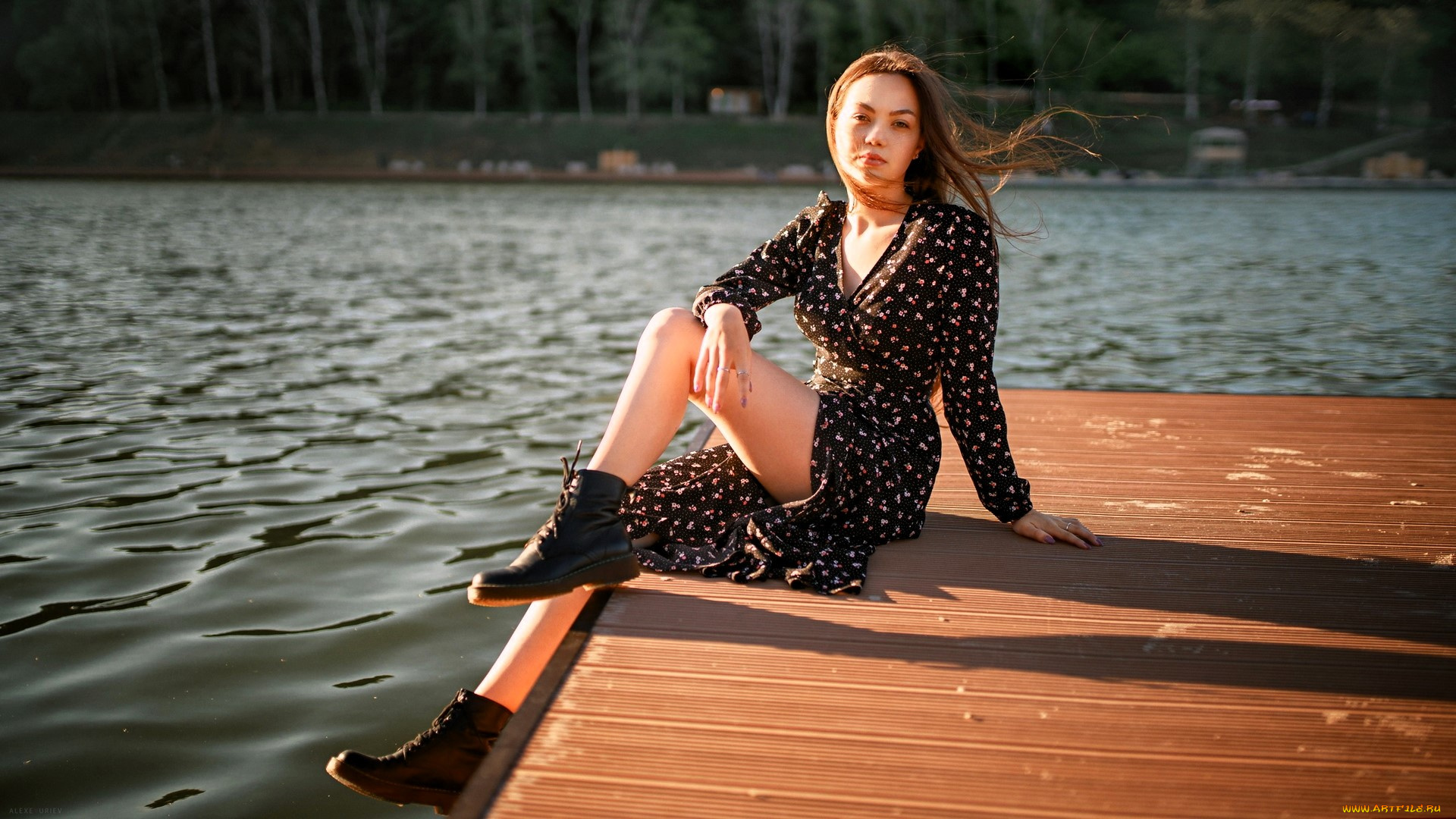 девушки, -, брюнетки, , шатенки, шатенка, платье, ботинки, озеро, причал