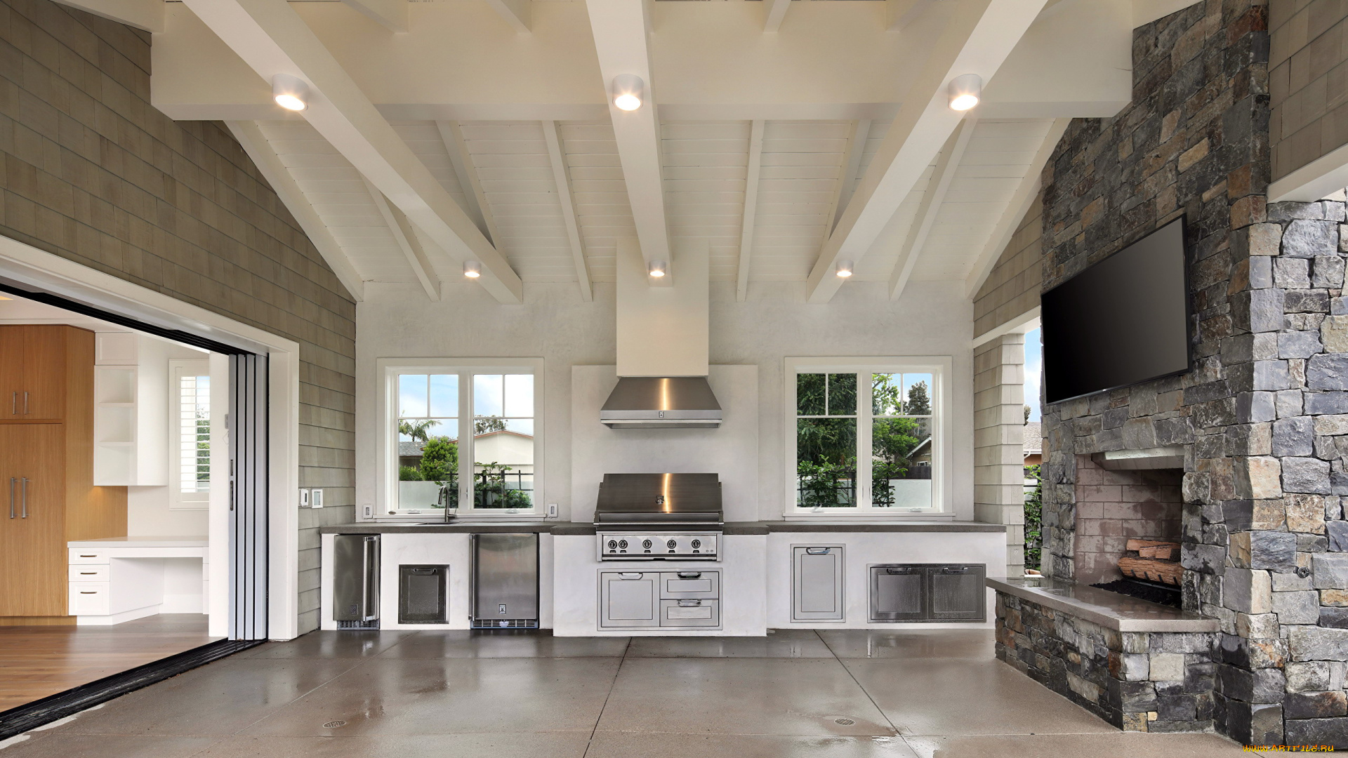 интерьер, кухня, печь, плита, телевизор