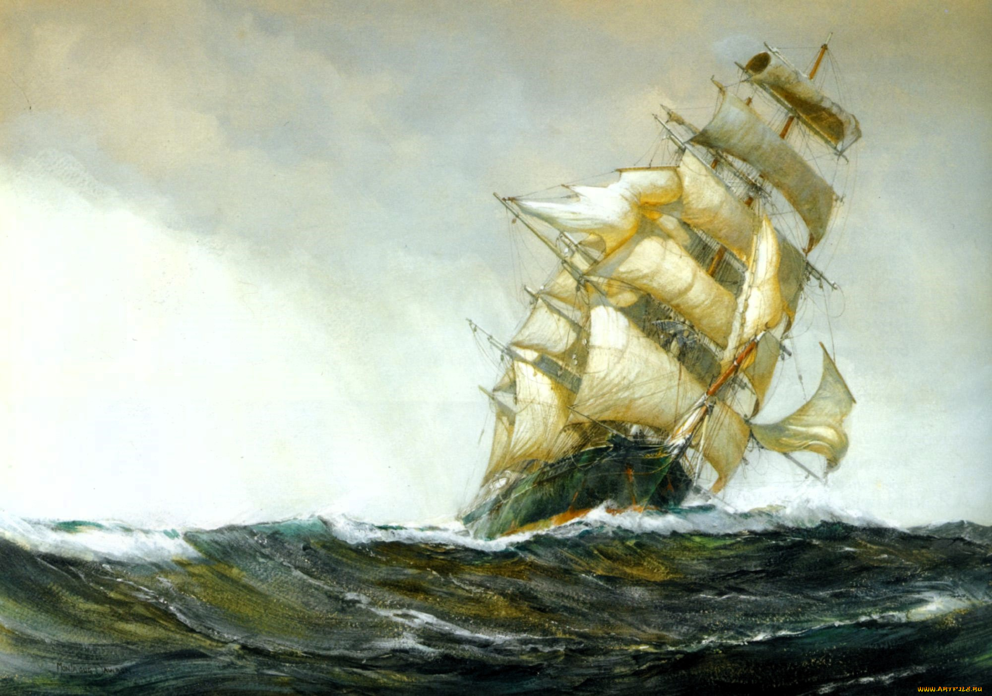 рисованное, montague, dawson, корабль, парусник, море
