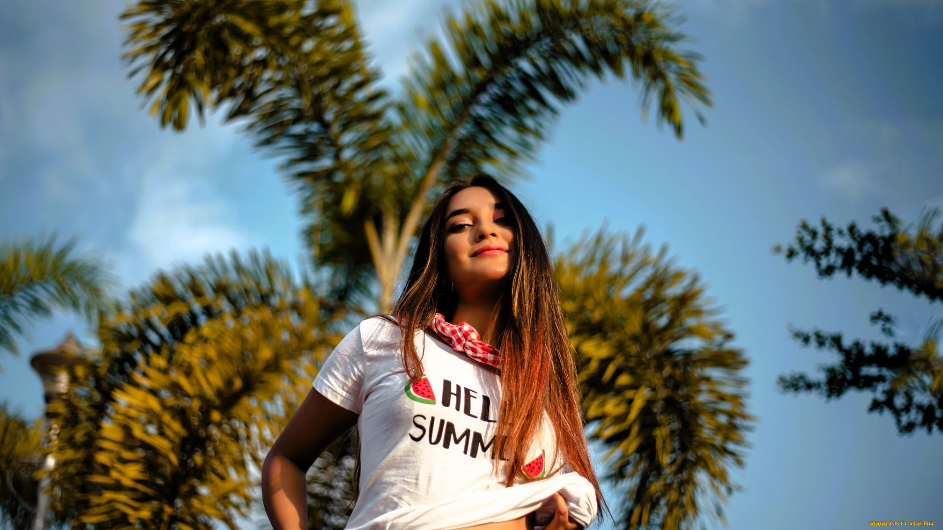 девушки, -, брюнетки, , шатенки, шатенка, футболка, пальмы, небо