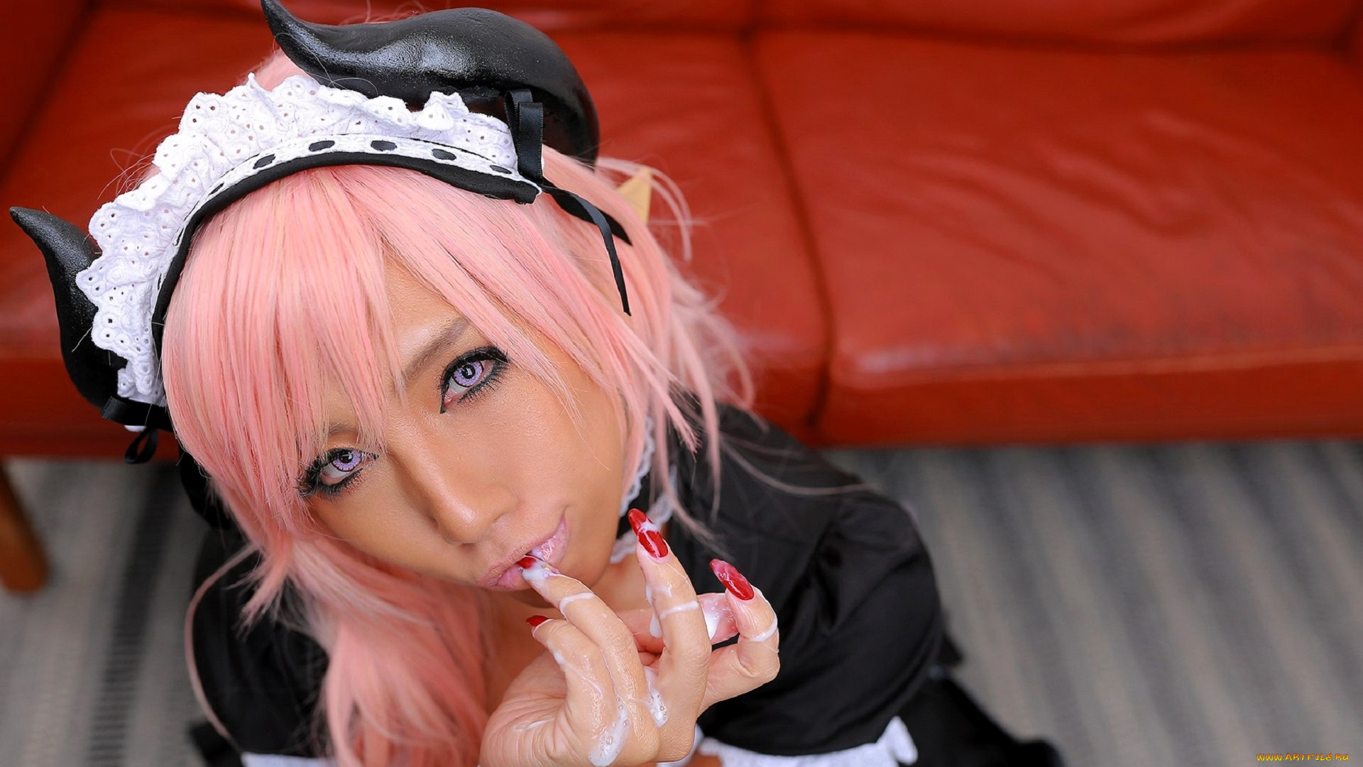 девушки, nonsummerjack, образ, косплей, костюм, наряд, горничная, рога, диван