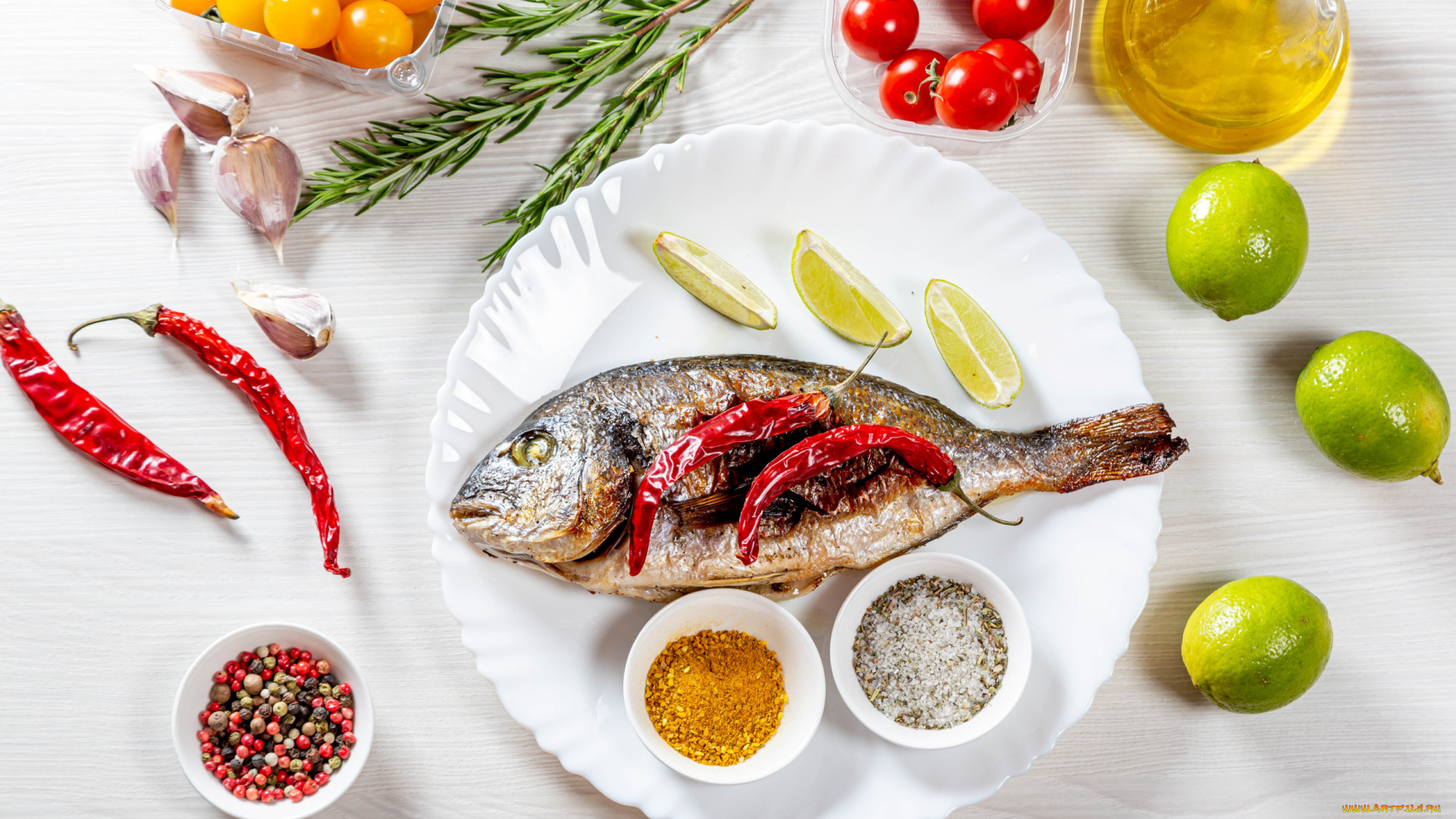 еда, рыбные, блюда, , с, морепродуктами, лайм, перец, чеснок, рыба, помидоры, розмарин