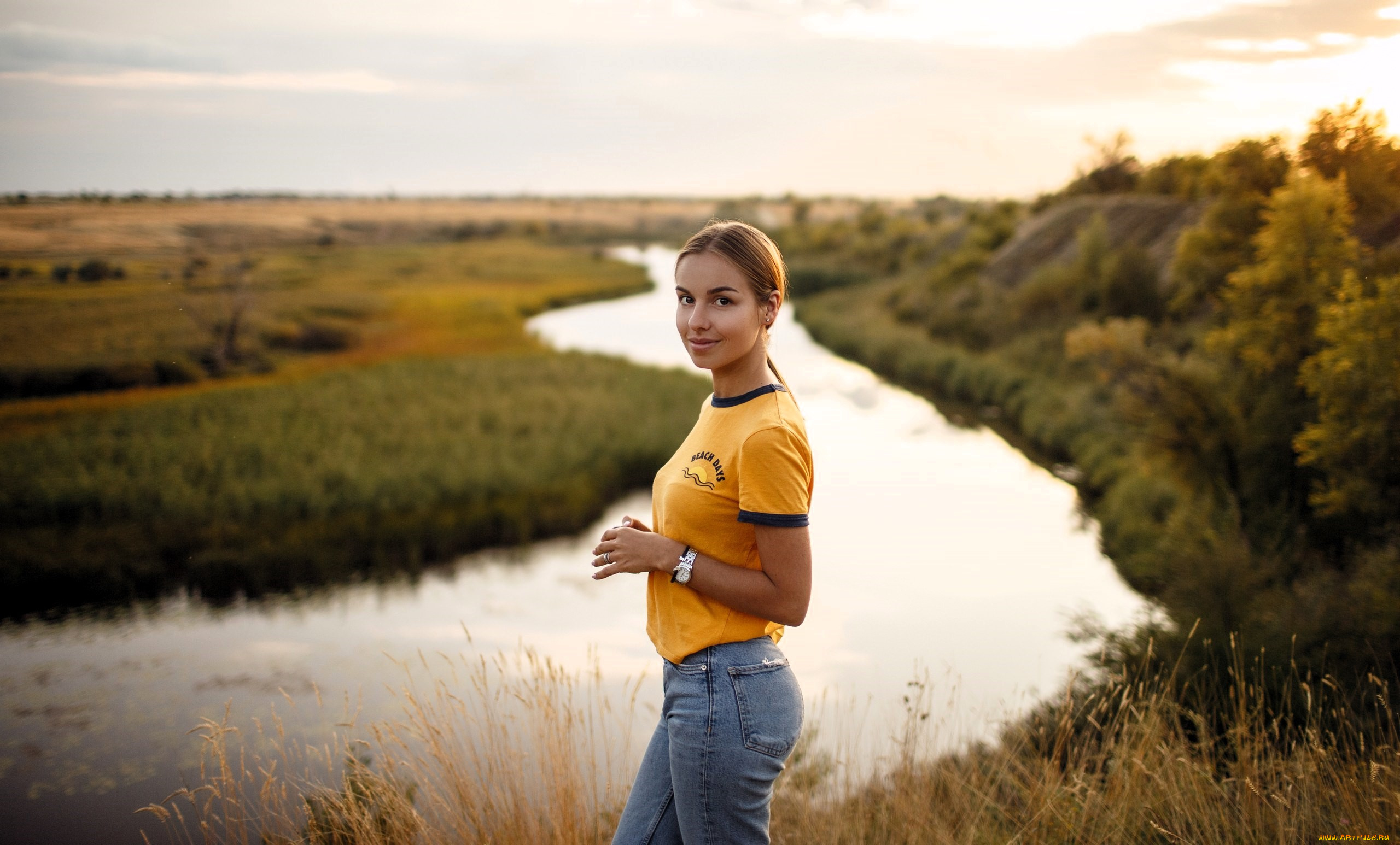 девушки, -, брюнетки, , шатенки, русая, футболка, джинсы, природа, река