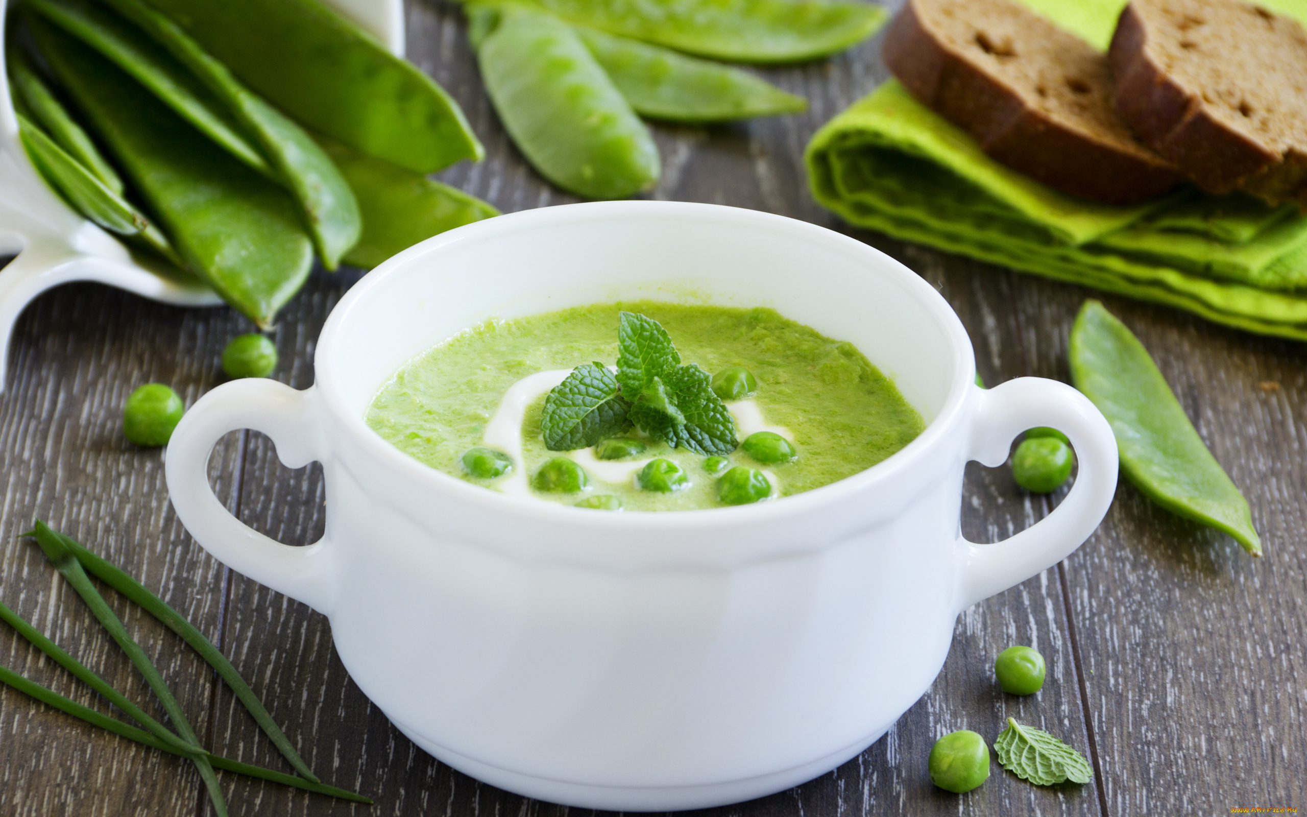 еда, первые, блюда, зеленый, горошей, суп, мята, хлеб