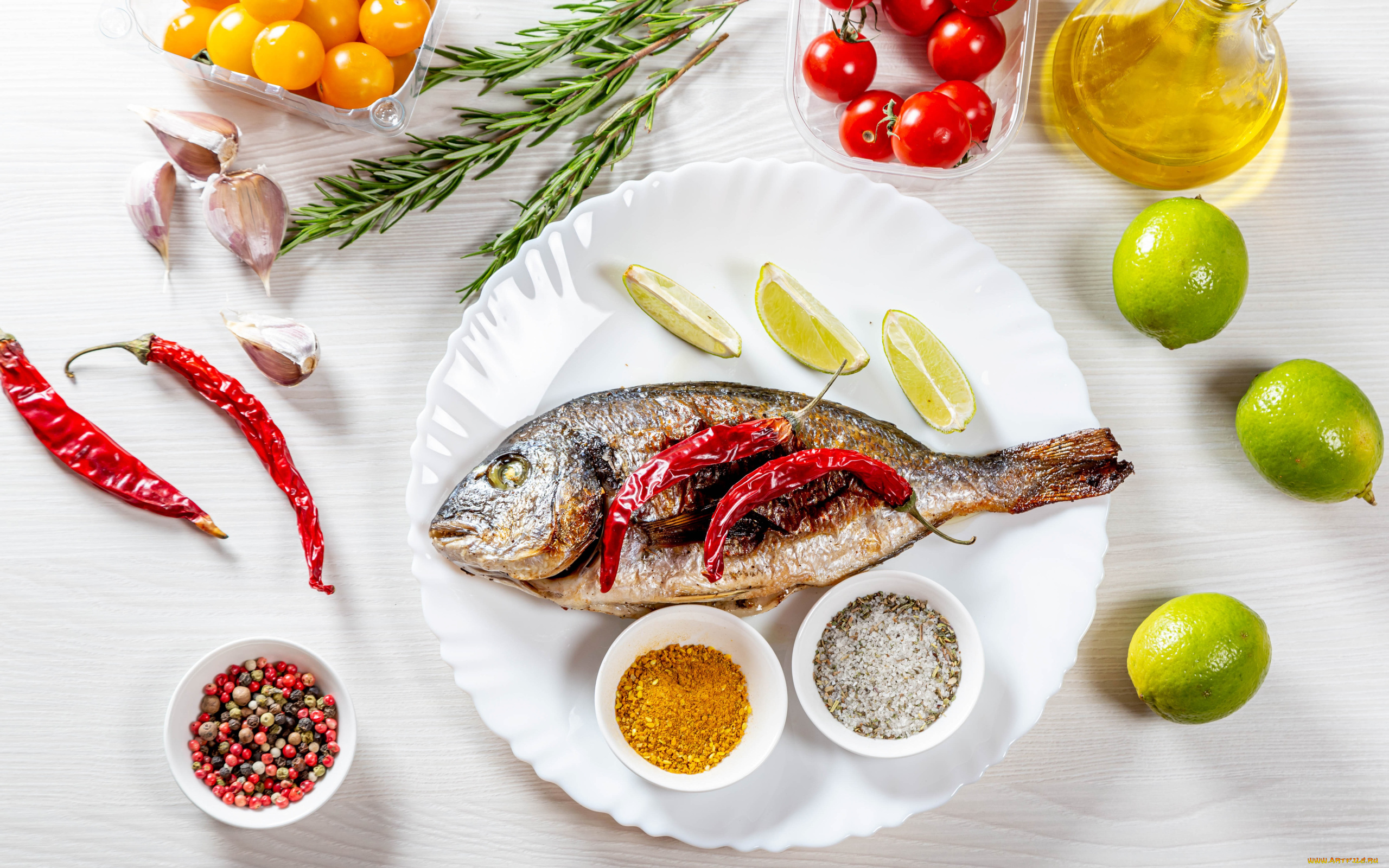 еда, рыбные, блюда, , с, морепродуктами, лайм, перец, чеснок, рыба, помидоры, розмарин