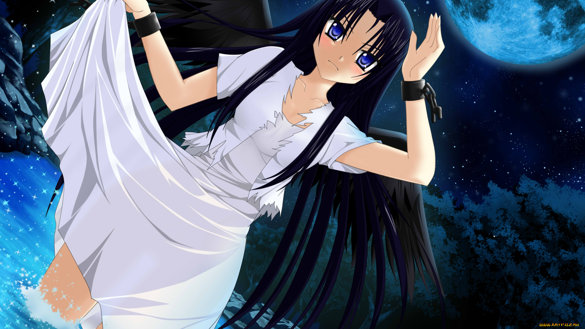 аниме, angels, demons, мото, девушка, ночь, ангел, речка, лес