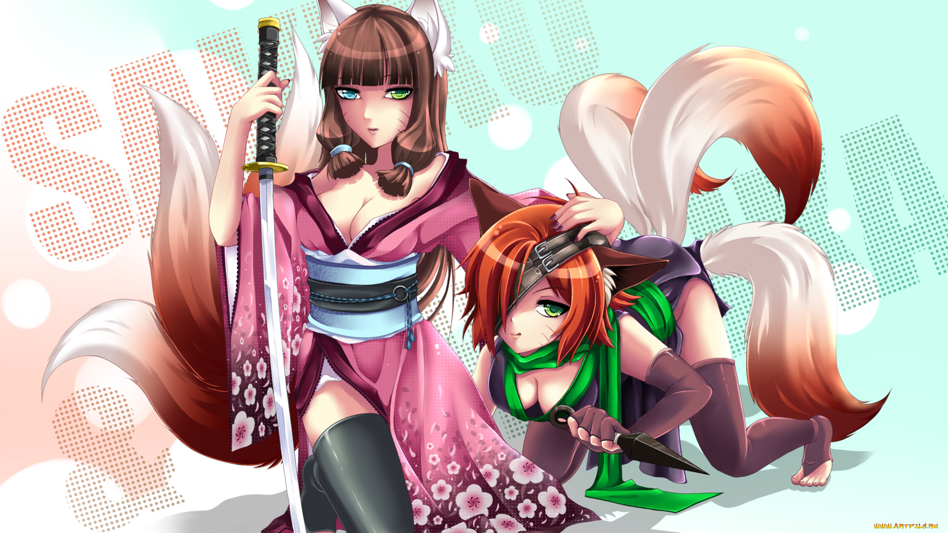 аниме, animals, змея, катана, традиционная, одежда, ушки, хвост, девушки