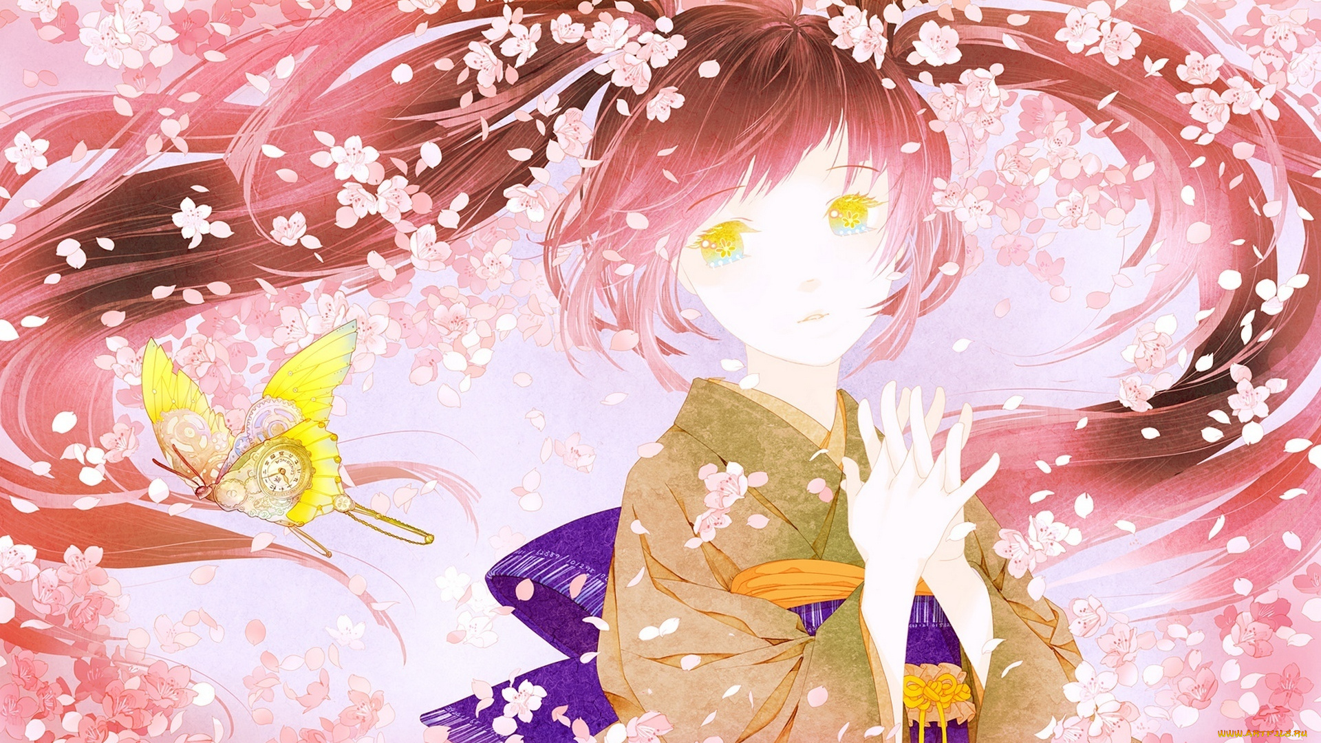 аниме, vocaloid, лепестки, девушка, сакура, цветы, вокалоид