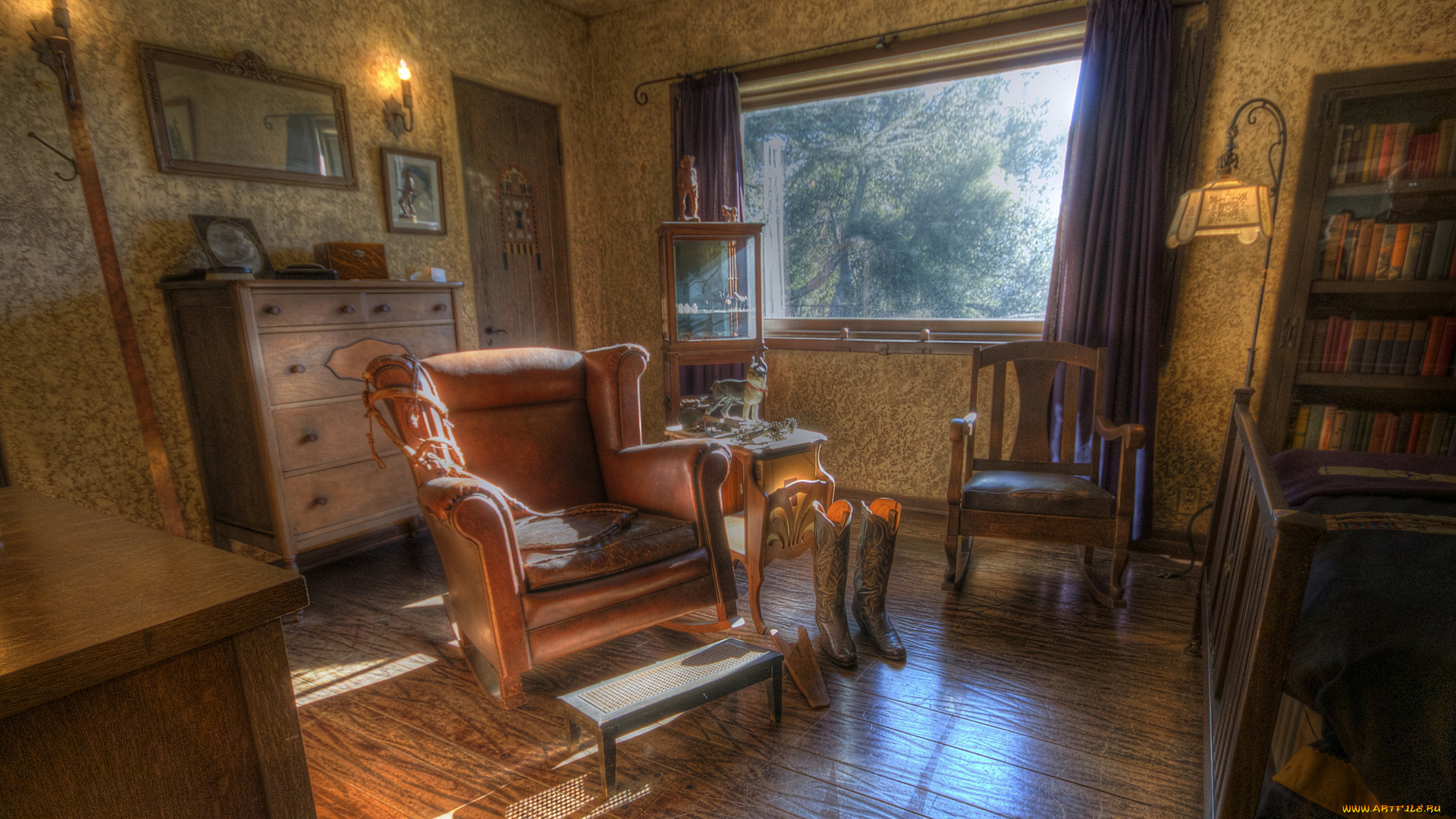 интерьер, кабинет, библиотека, офис, сапоги, стелажи, кресло