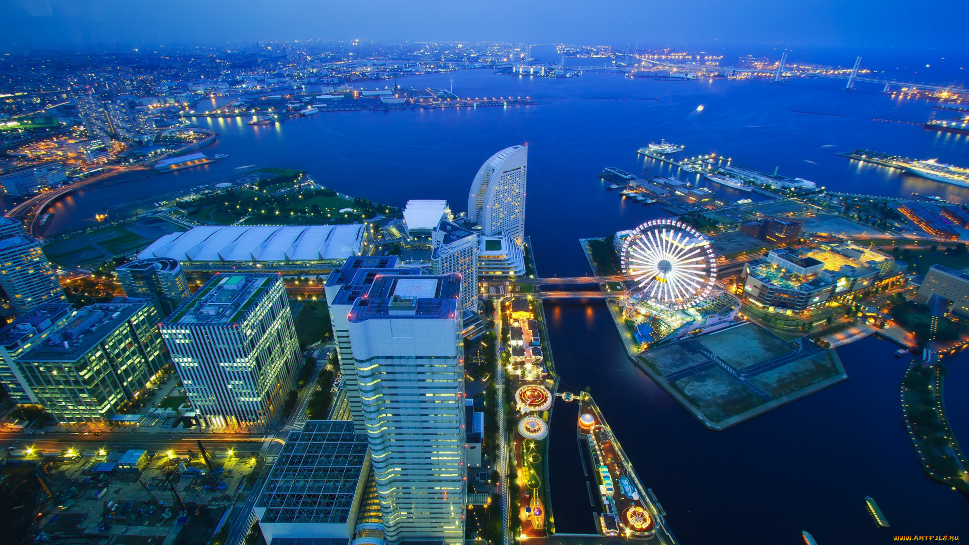 йокогама, Япония, города, чертово, колесо, ночь, залив, небоскребы