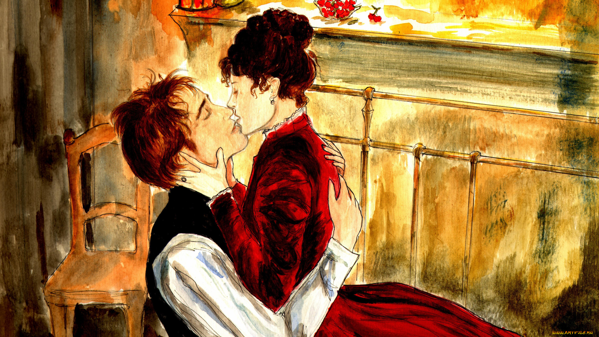 милый, друг, рисованные, люди, камни, деревья, вода, мопассан