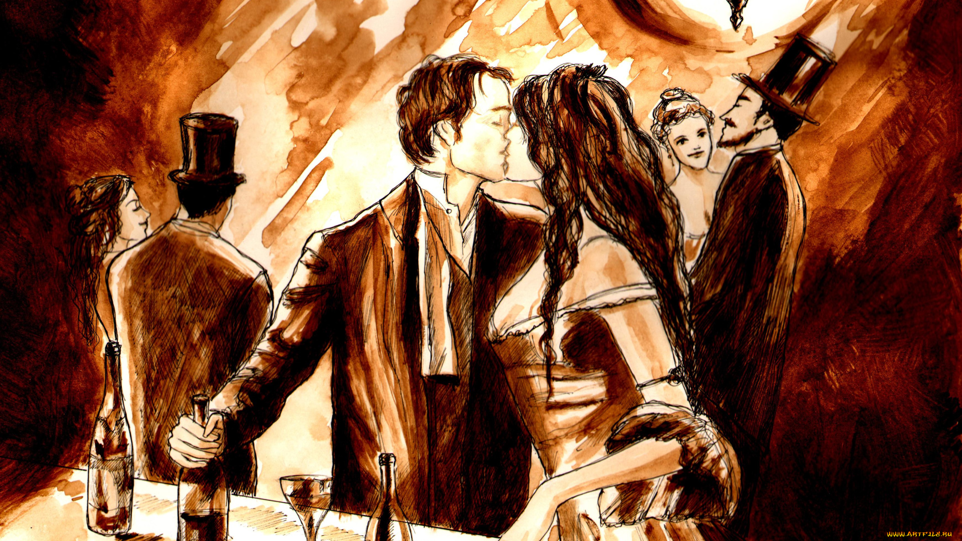 милый, друг, рисованные, люди, вода, лес, скалы, мопассан