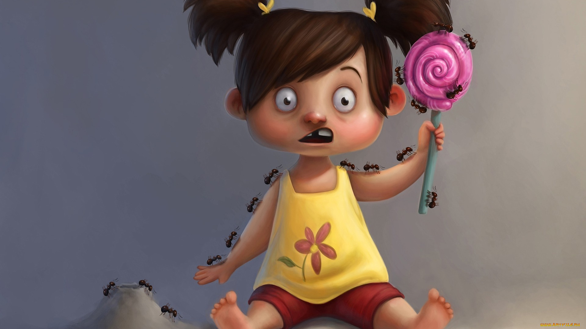 рисованные, дети, девочка, конфета, леденец, ребёнок, ситуация, муравьи, насекомые, ужас