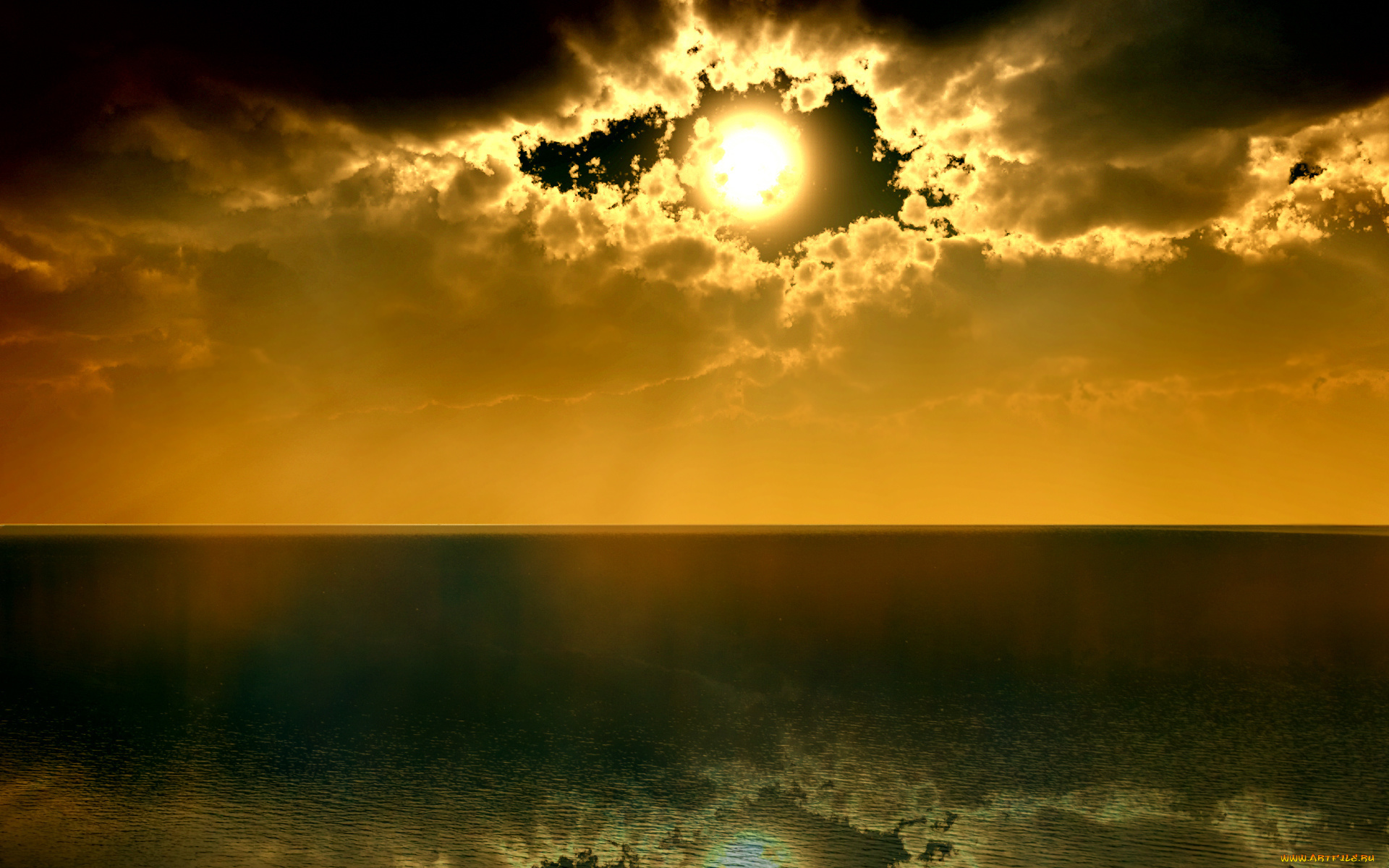 3д, графика, nature, landscape, природа, отражение, глаз, солнце, горизонт, небо