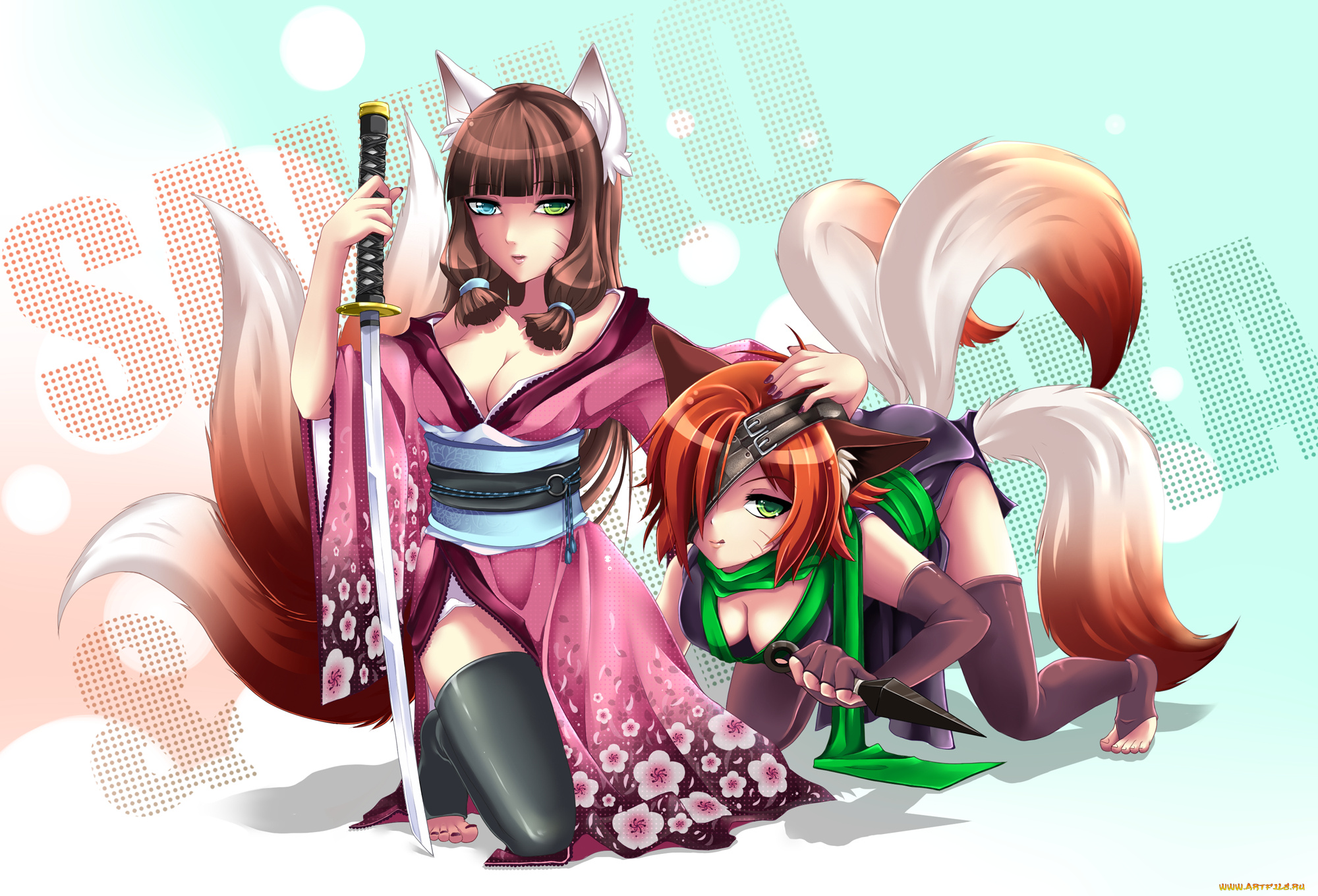 аниме, animals, змея, катана, традиционная, одежда, ушки, хвост, девушки