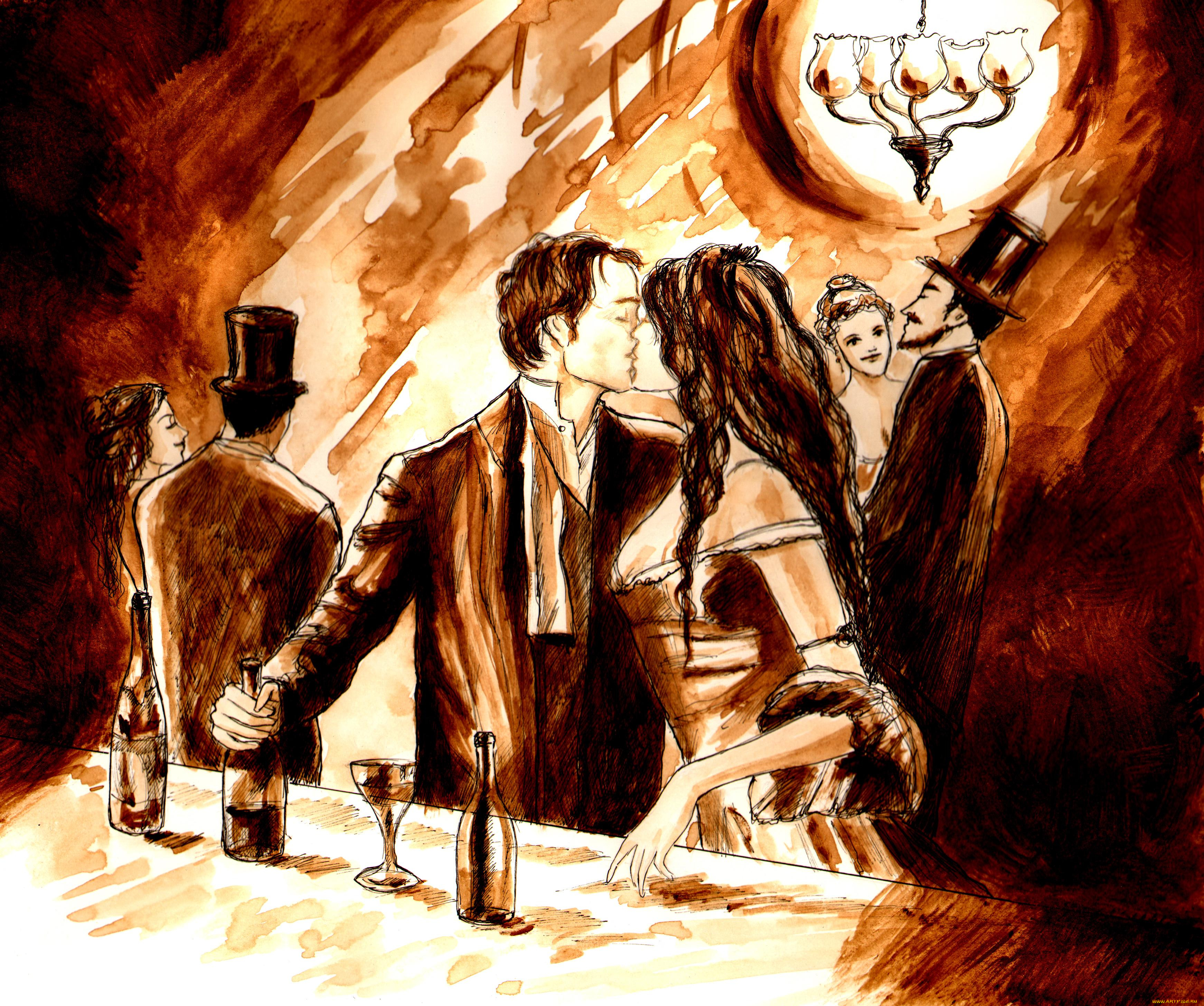 милый, друг, рисованные, люди, вода, лес, скалы, мопассан