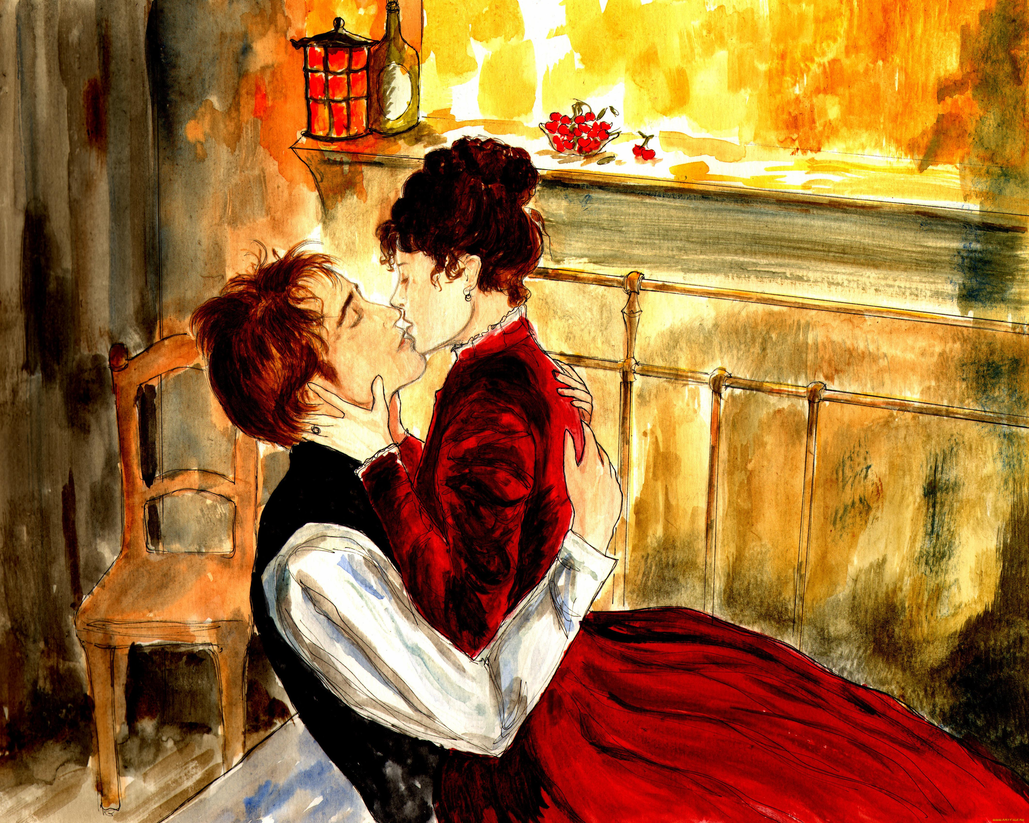 милый, друг, рисованные, люди, камни, деревья, вода, мопассан