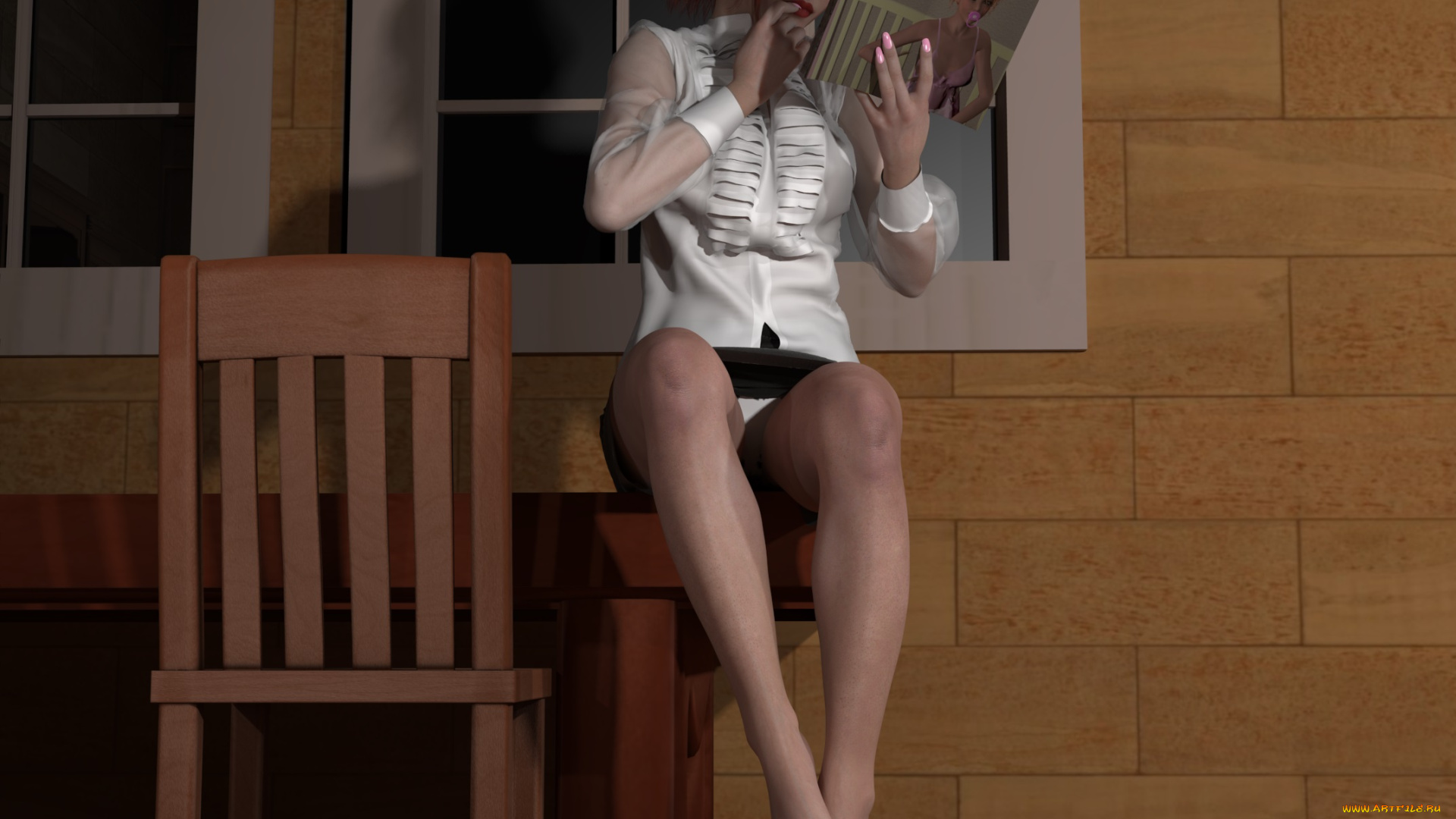 3д, графика, people, , люди, девушка, журнал, стул, стол