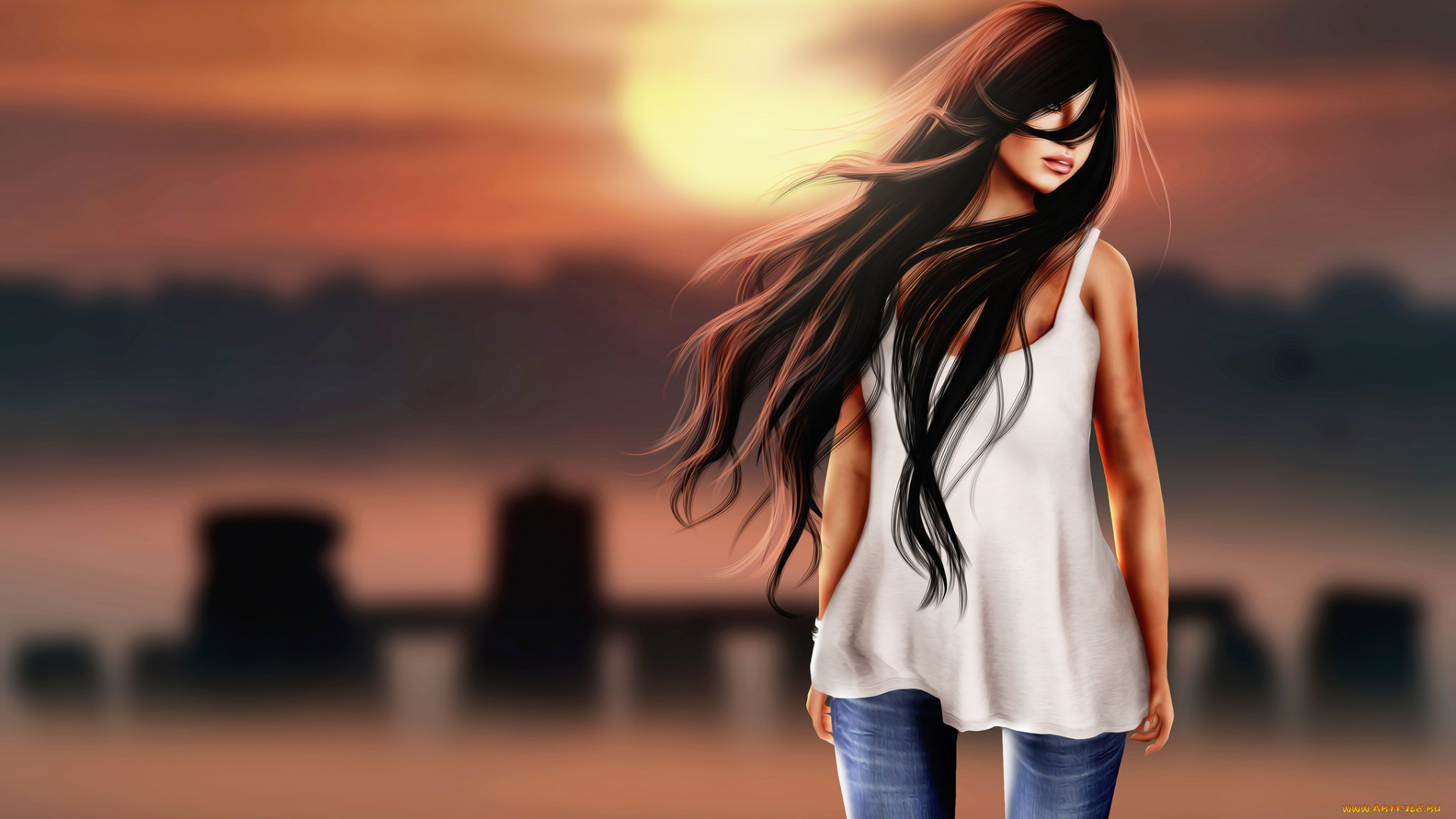 3д, графика, people, , люди, фон, ветер, рендеринг, губы, волосы, девушка, брюнетка, лицо