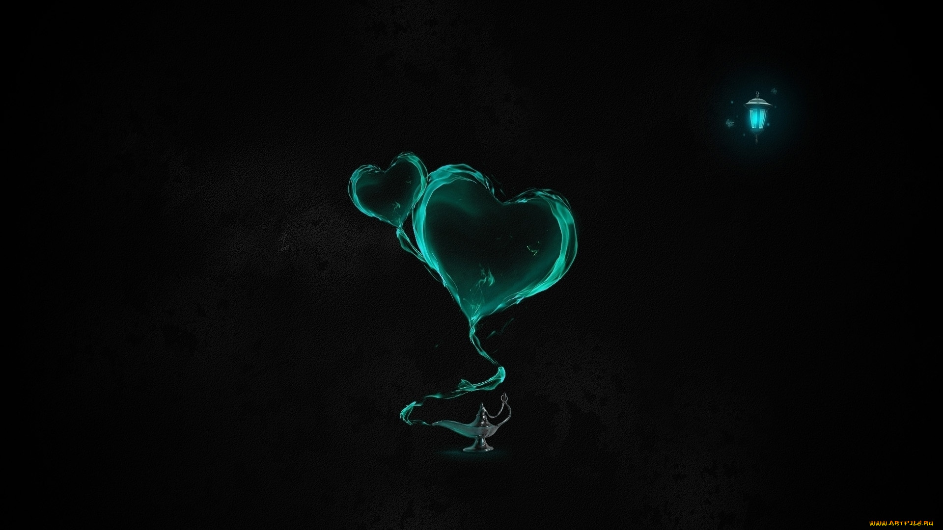 3д, графика, romance, сердечки, фонарик, лампа, чёрный, фон