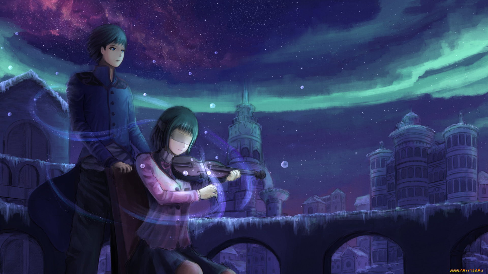 аниме, -headphones, &, instrumental, ночь, звезды, скрипка, дома, город, небо, повязка, девушка, парень, пузыри, северное, сияние