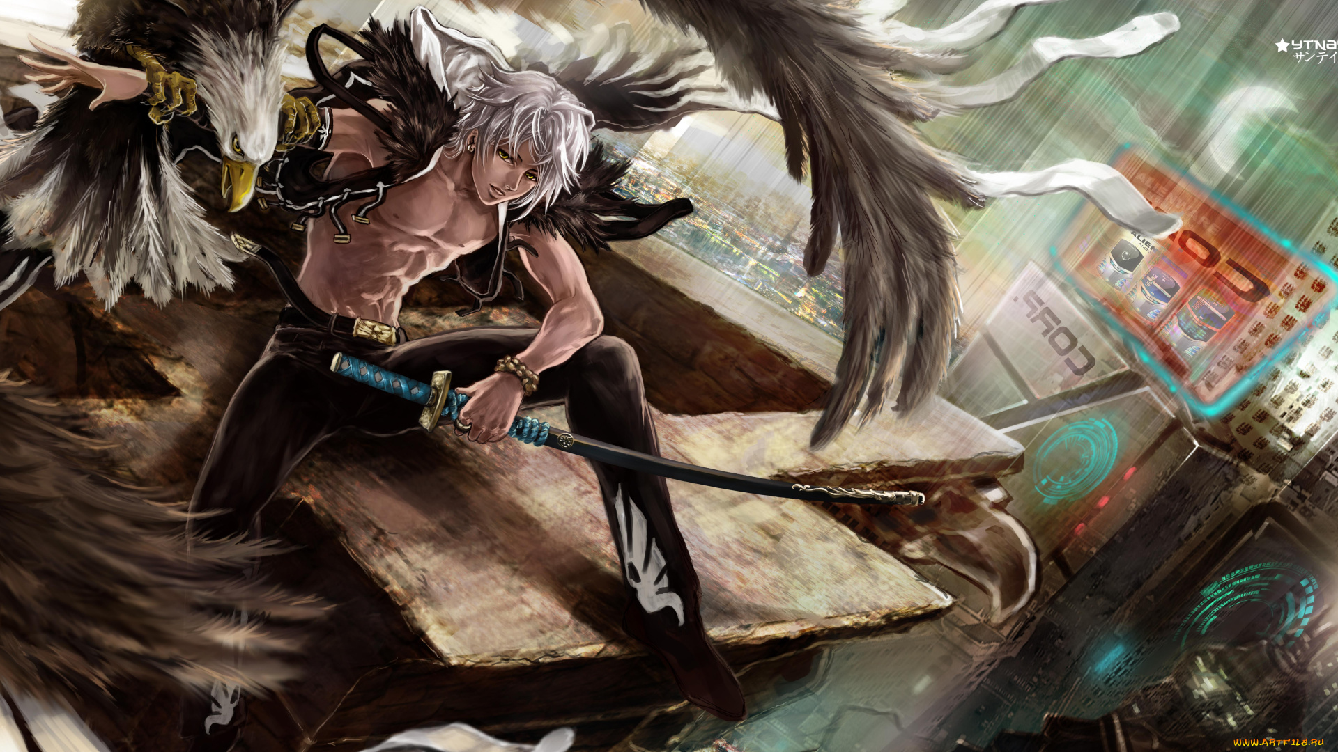 аниме, -weapon, , blood, &, technology, взгляд, меч, город, птица, орел, парень, серые, волосы