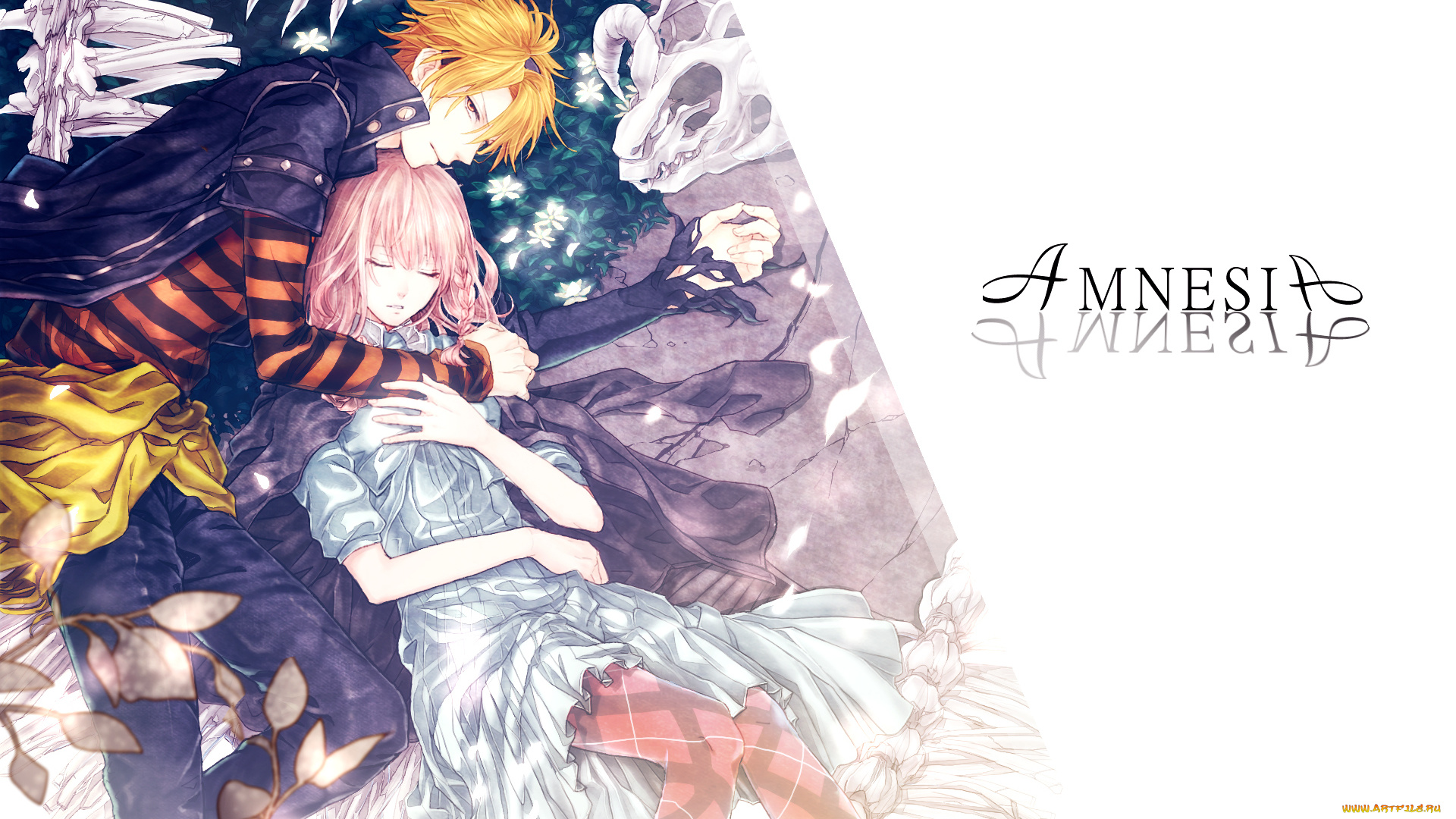 аниме, amnesia, art, imoko, девушка, heroine, парень, toma, взгляд, улыбка, объятья, лежат, амнезия