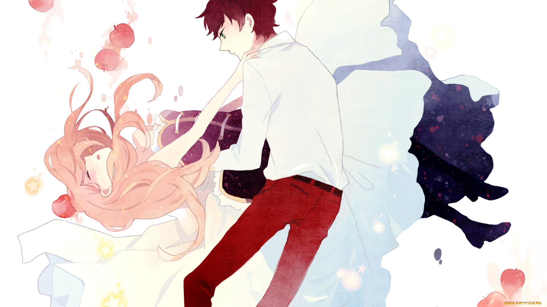 аниме, mawaru, penguin, drum, девушка, mawaru, penguindrum, пингвиний, барабан, kyang692, фрукты, яблоки, падение, парень, takakura, kanba, himari, арт