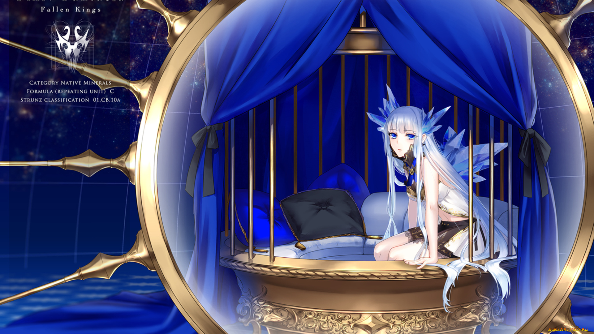 аниме, pixiv, fantasia, подушки, кристаллы, клетка, девушка