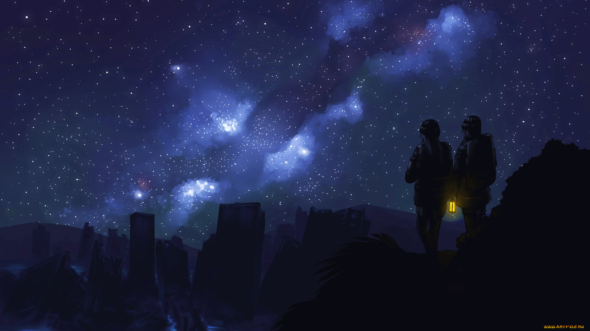 аниме, *unknown, , другое, фонарь, млечный, путь, руины, ночь, парень, девушка, kare, art