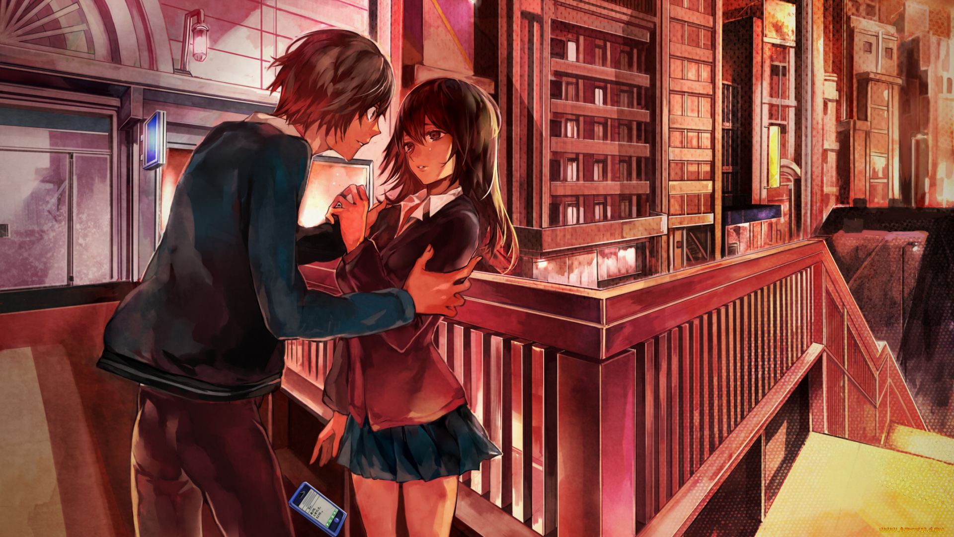 аниме, *unknown, , другое, город, мост, школьники, парень, девушка, art, tcb