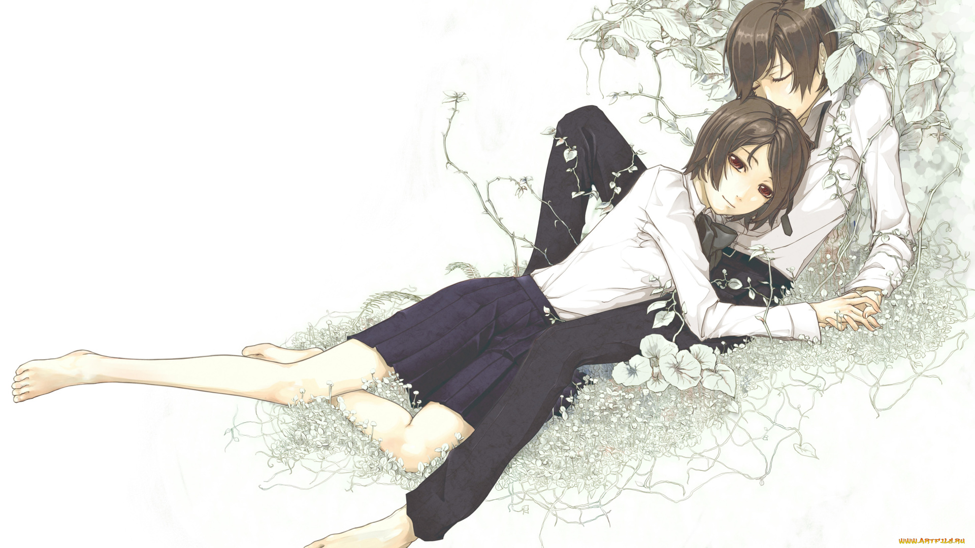 аниме, *unknown, , другое, парень, девушка, белый, фон, двое, лежат, листва