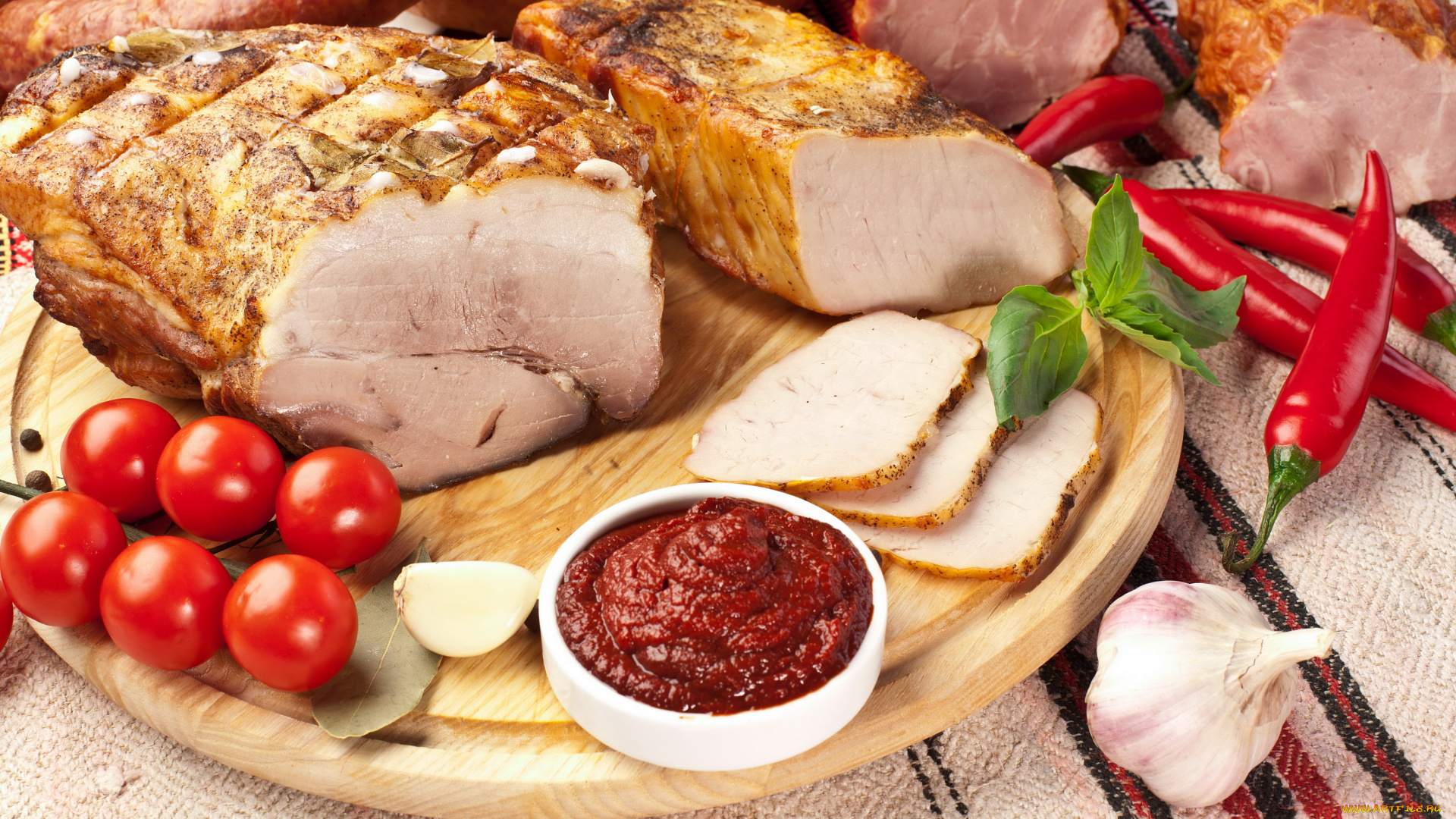 еда, мясные, блюда, буженина, помидоры, перец, чеснок