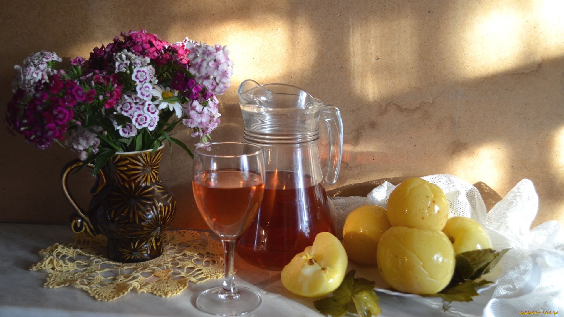 еда, натюрморт, сок, цветы, моченые, яблоки