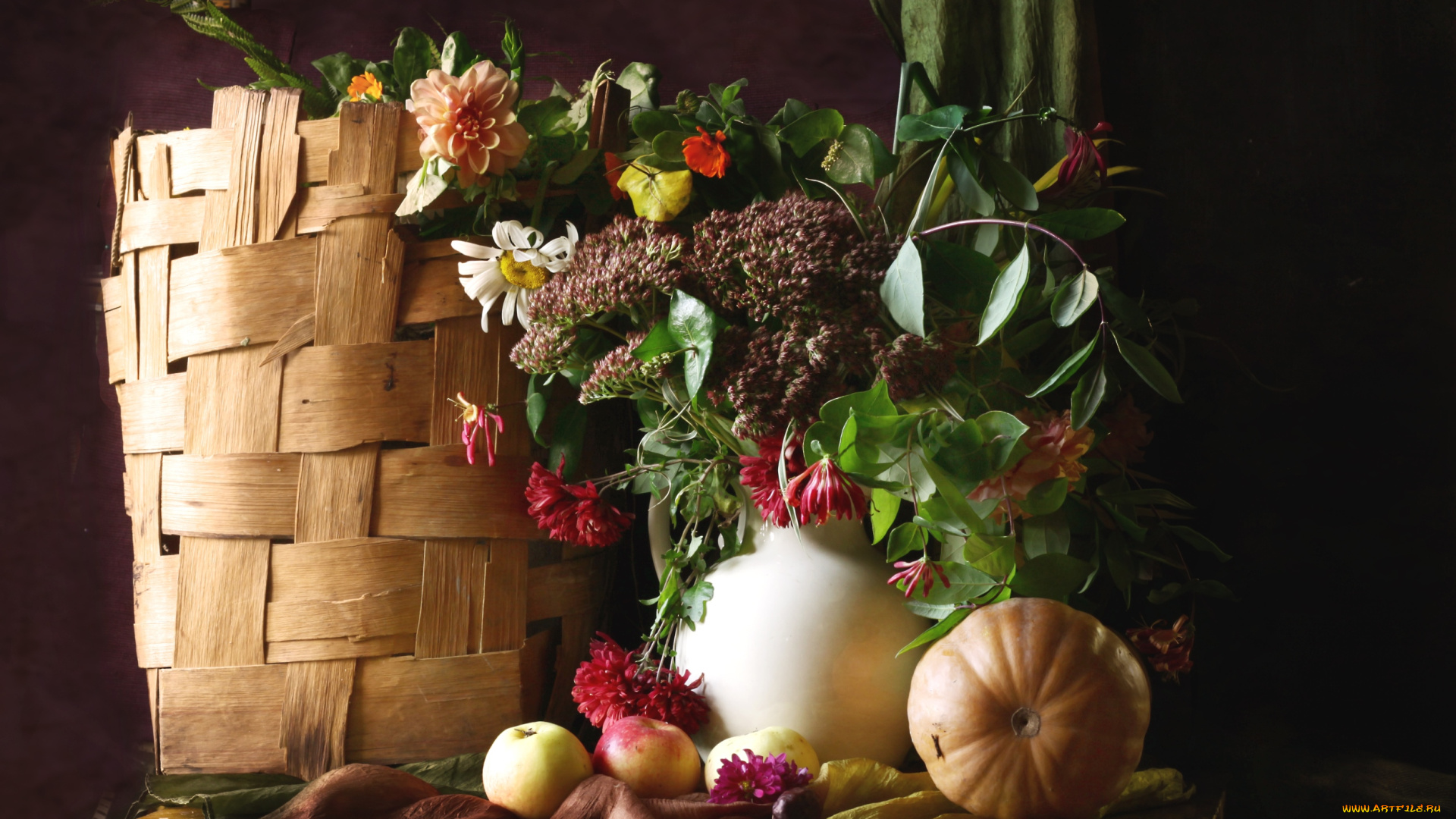 еда, натюрморт, тыква, яблоки, цветы
