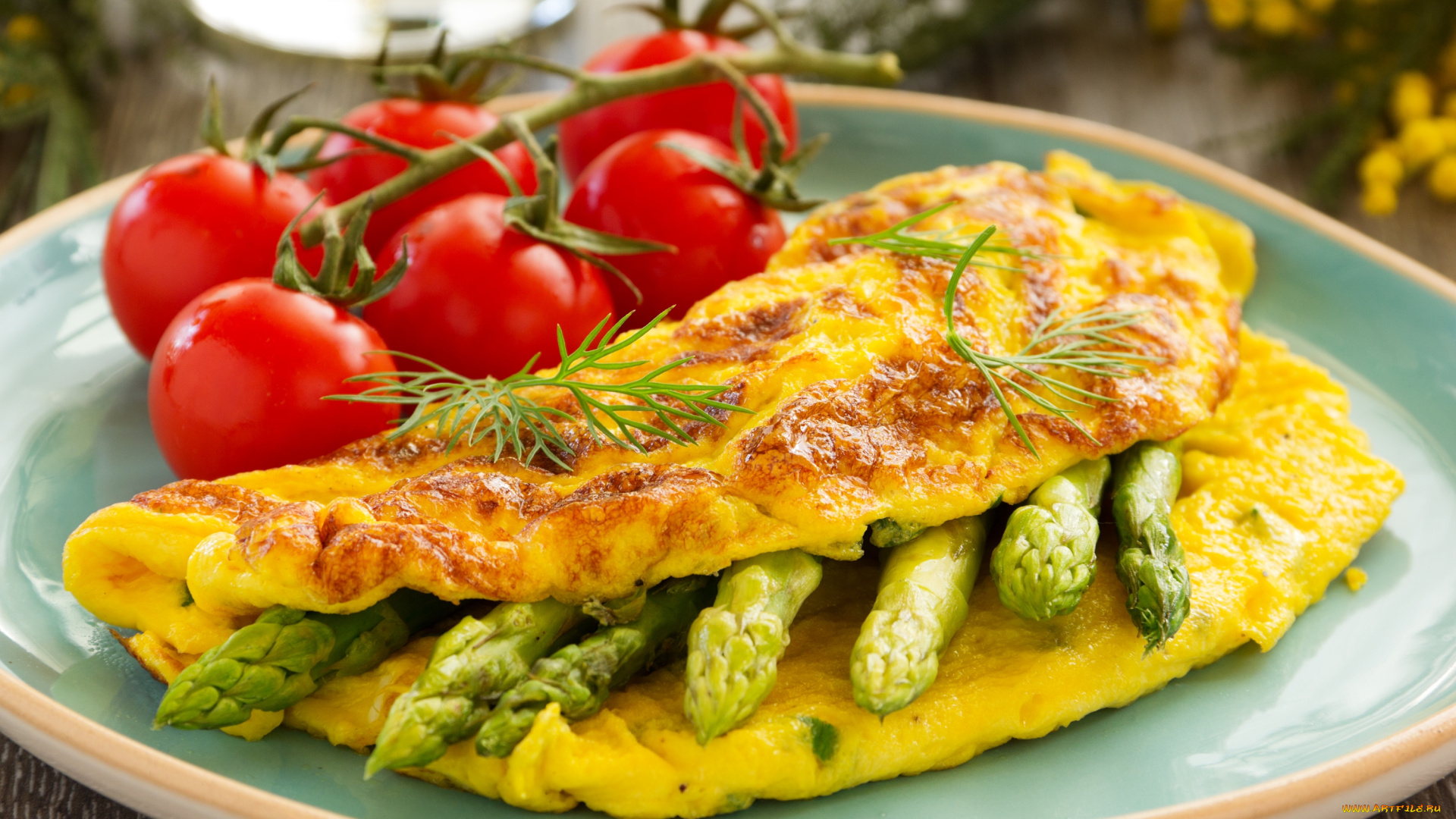 еда, Яичные, блюда, помидоры, спаржа, омлет, томаты