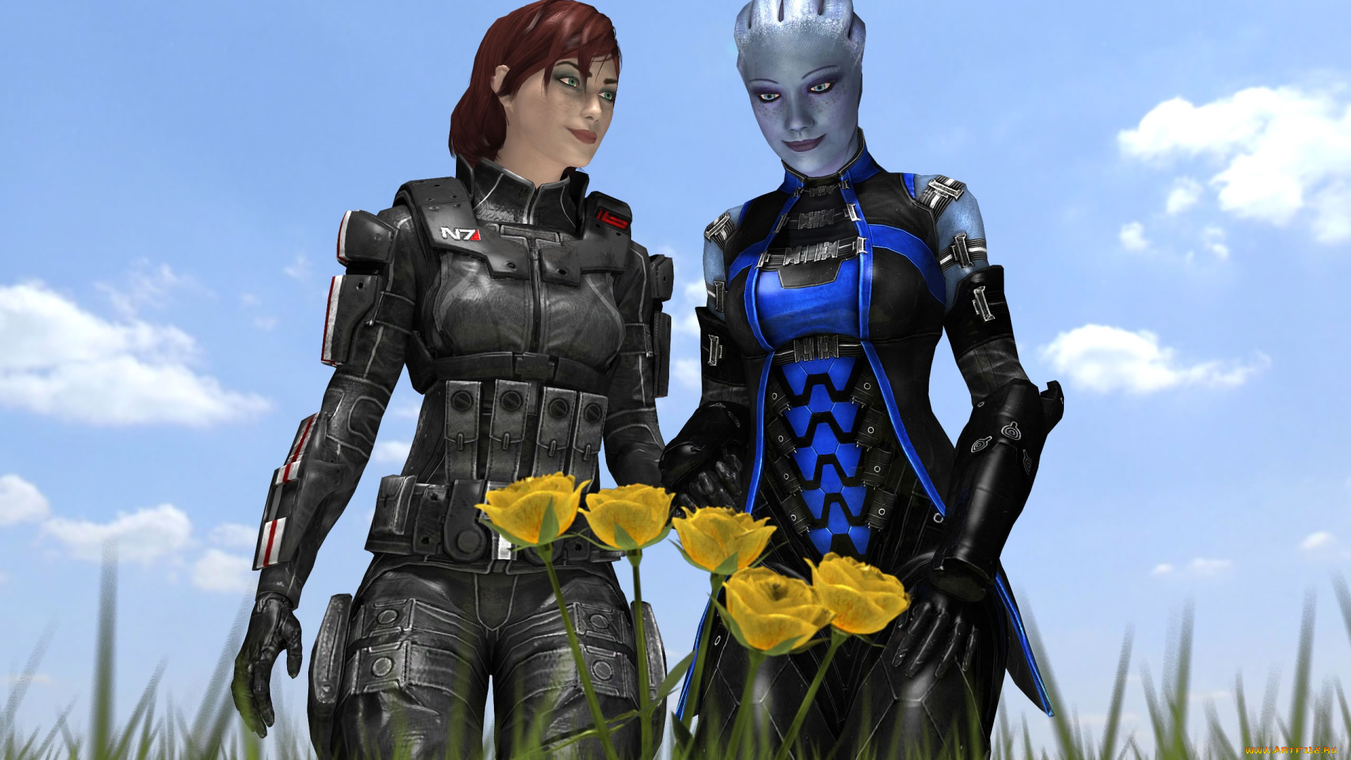 mass, effect, 2, видео, игры, девушка, существо, цветы, облака