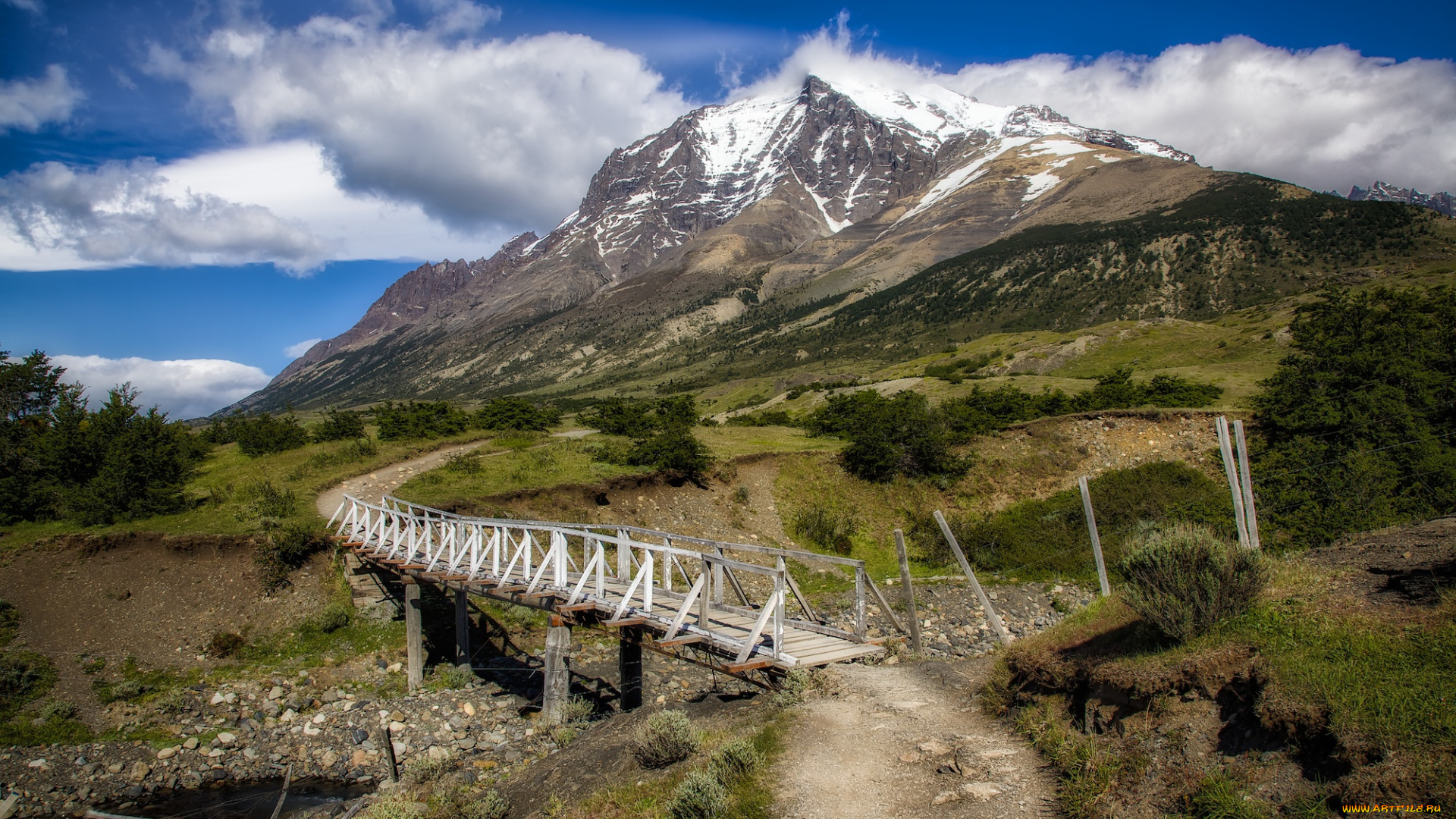 природа, дороги, мост, речка, овраг, поле, горы, тропа