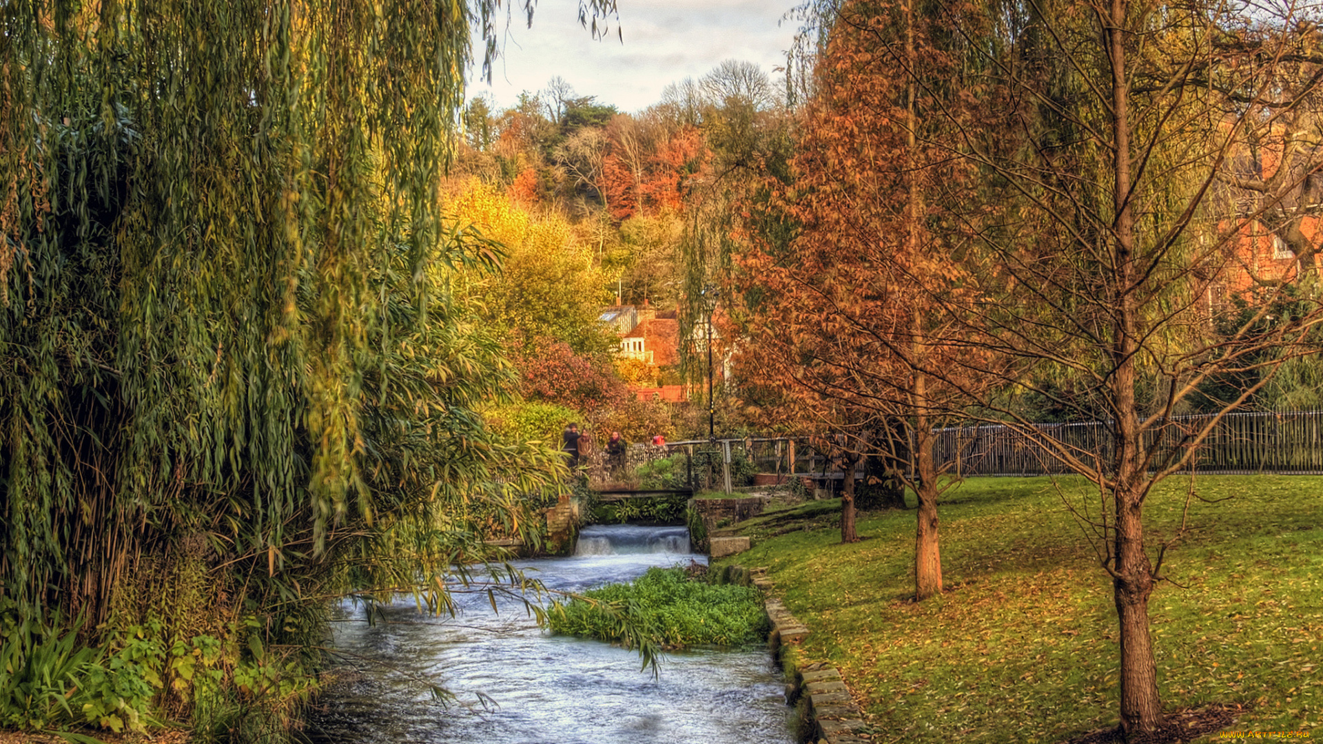 природа, парк, краски, забор, река, осень