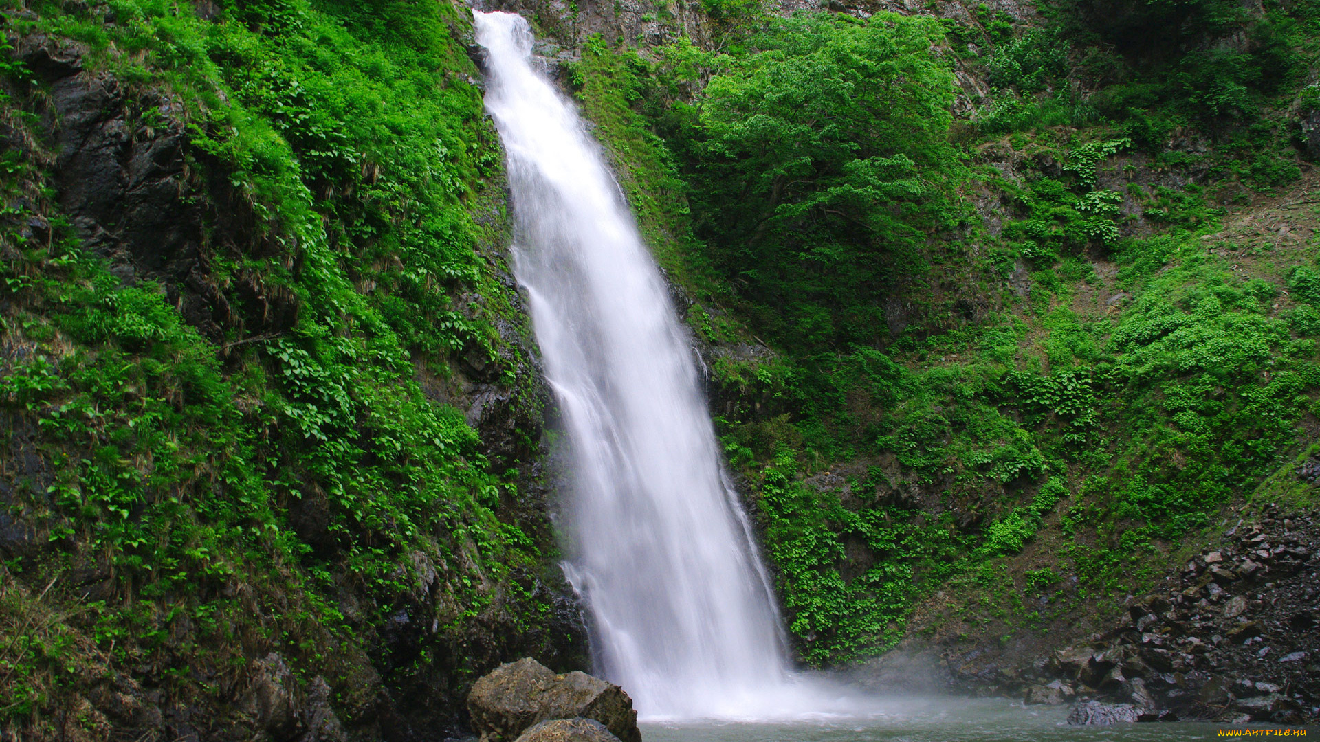 природа, водопады, камни, скала, зелень