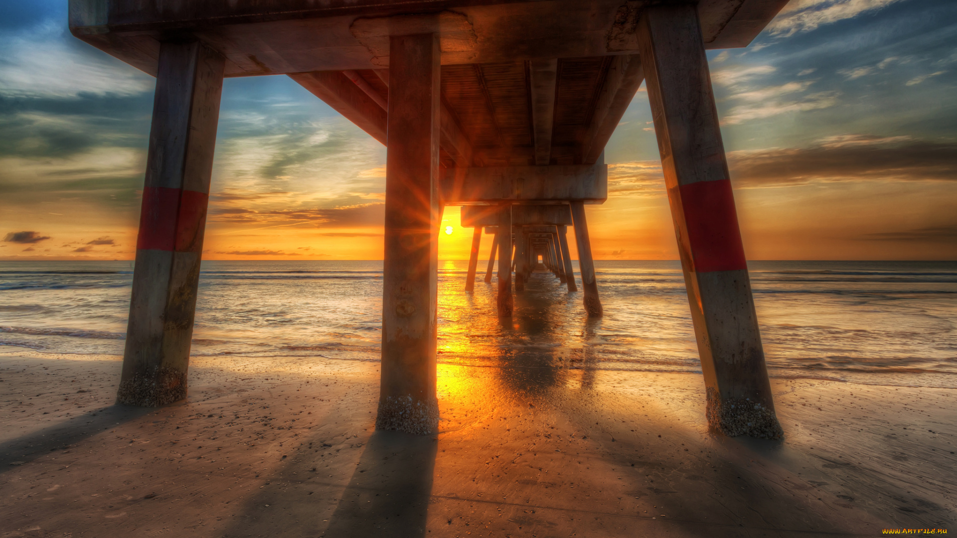 природа, восходы, закаты, мост, океан, пляж, тучи, зарево, горизонт