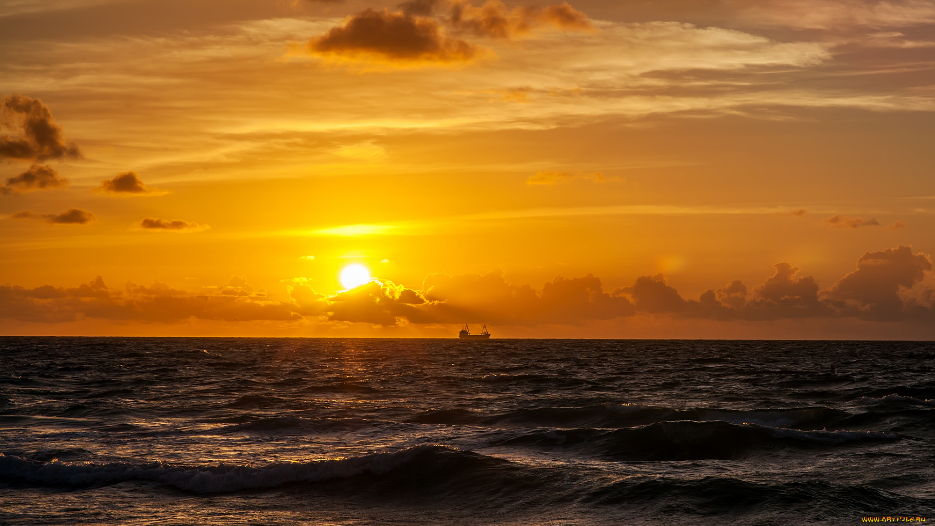 природа, восходы, закаты, океан, зарево, тучи, горизонт, волны