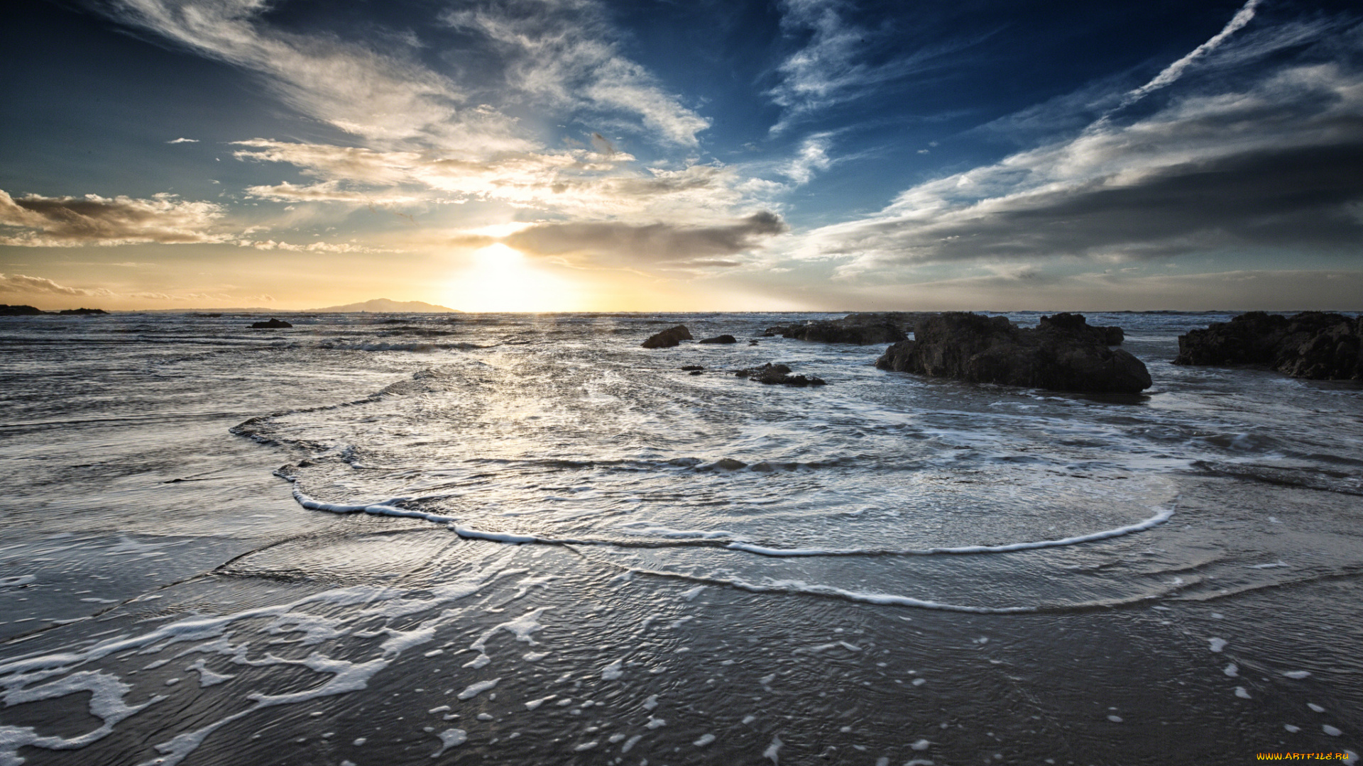 природа, восходы, закаты, свет, солнце, горизонт, скалы, волны, пляж, океан